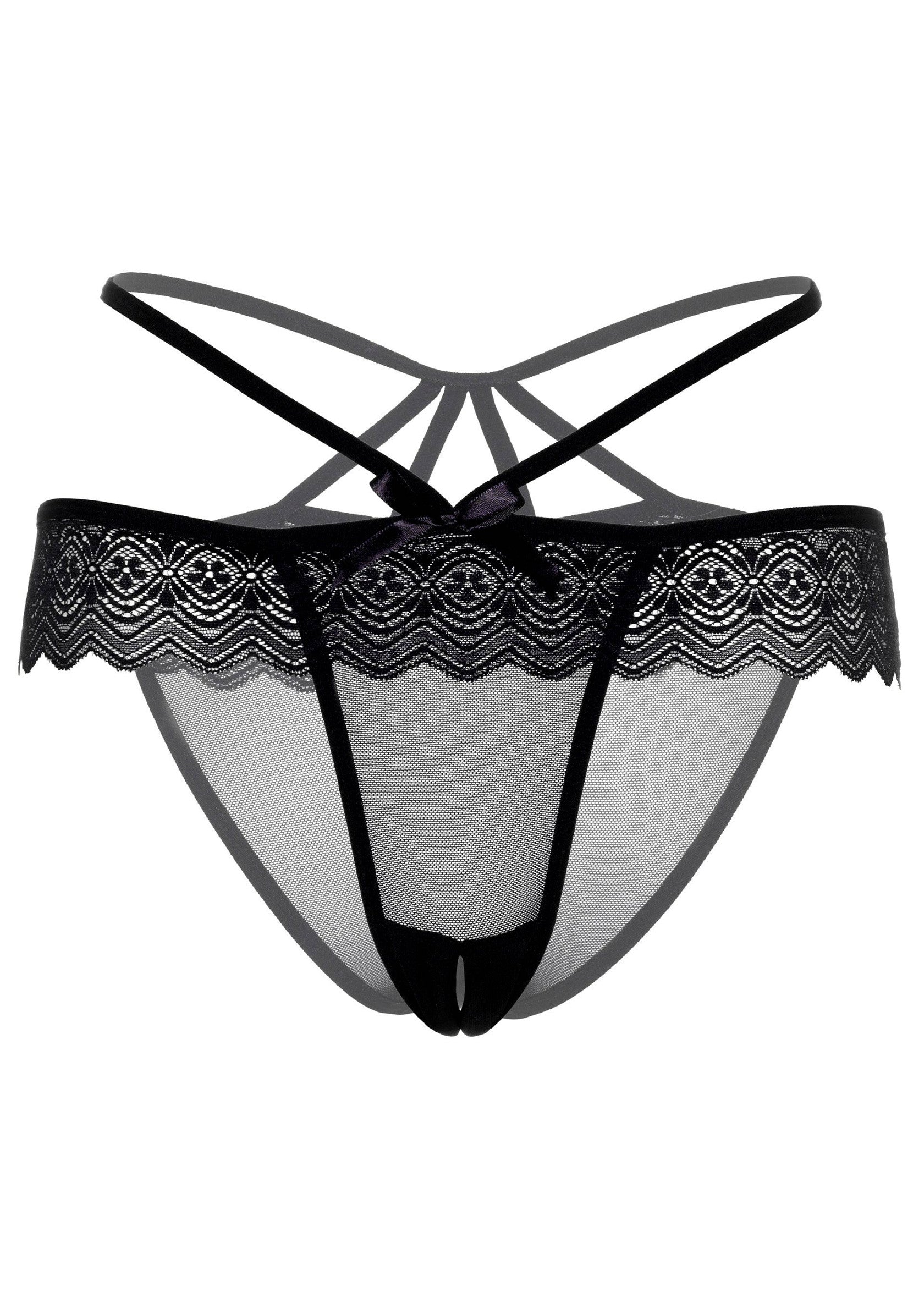 Culotte noire en dentelle et tulle avec bretelles croisées, idéale pour une nuit coquine.; Zwarte kanten en tule slip met gekruiste bandjes, perfect voor een ondeugende nacht.; Black lace and tulle panty with crossover straps, perfect for a naughty night.