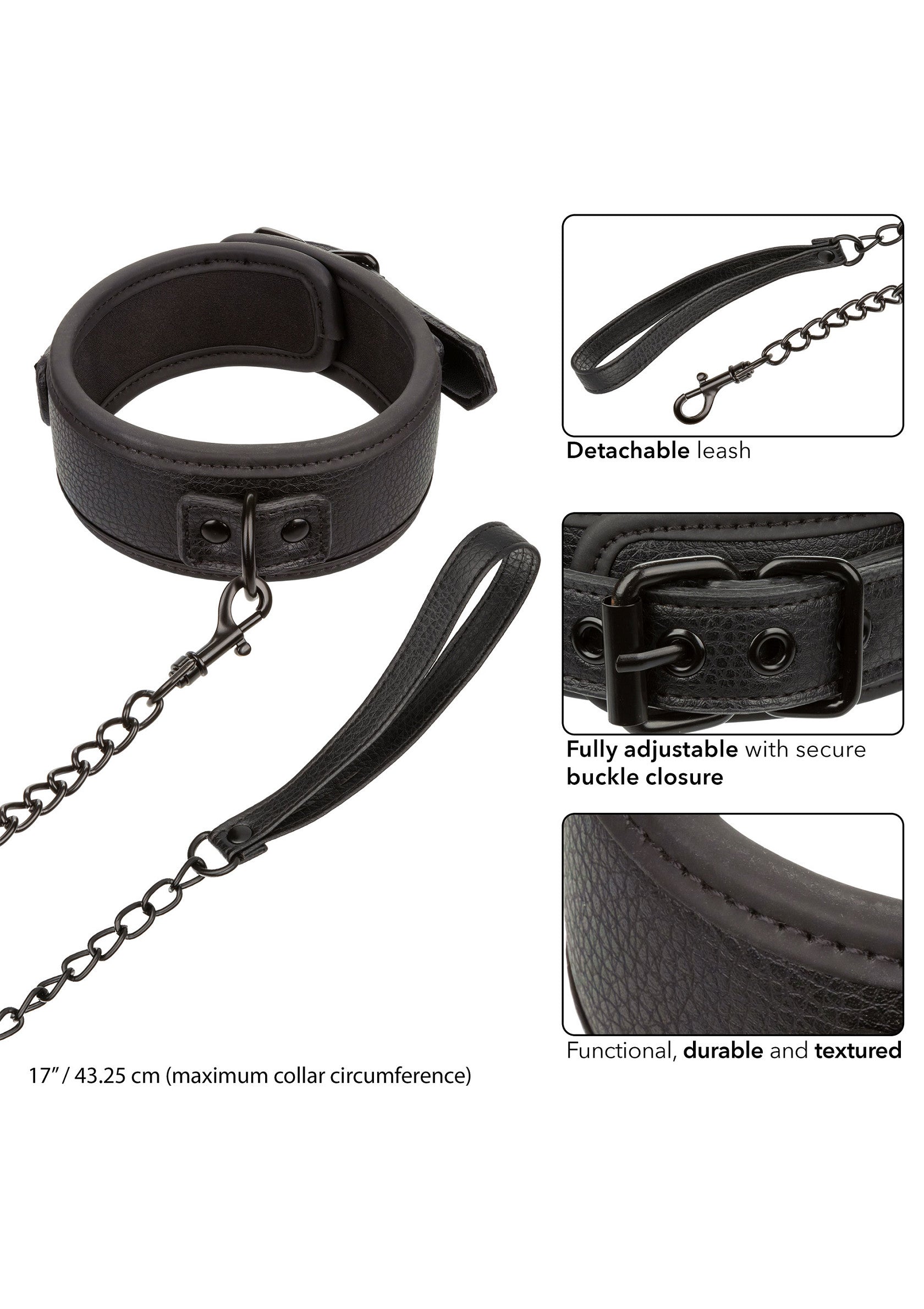 Collier noir réglable avec chaîne détachable. Durable et texturé. Tour de cou max : 43,25 cm.; Verstelbare zwarte halsband met afneembare ketting. Duurzaam en gestructureerd. Max. halsomtrek: 43,25 cm.; Adjustable black collar with detachable chain. Durable and textured. Max collar circumference: 43.25cm.