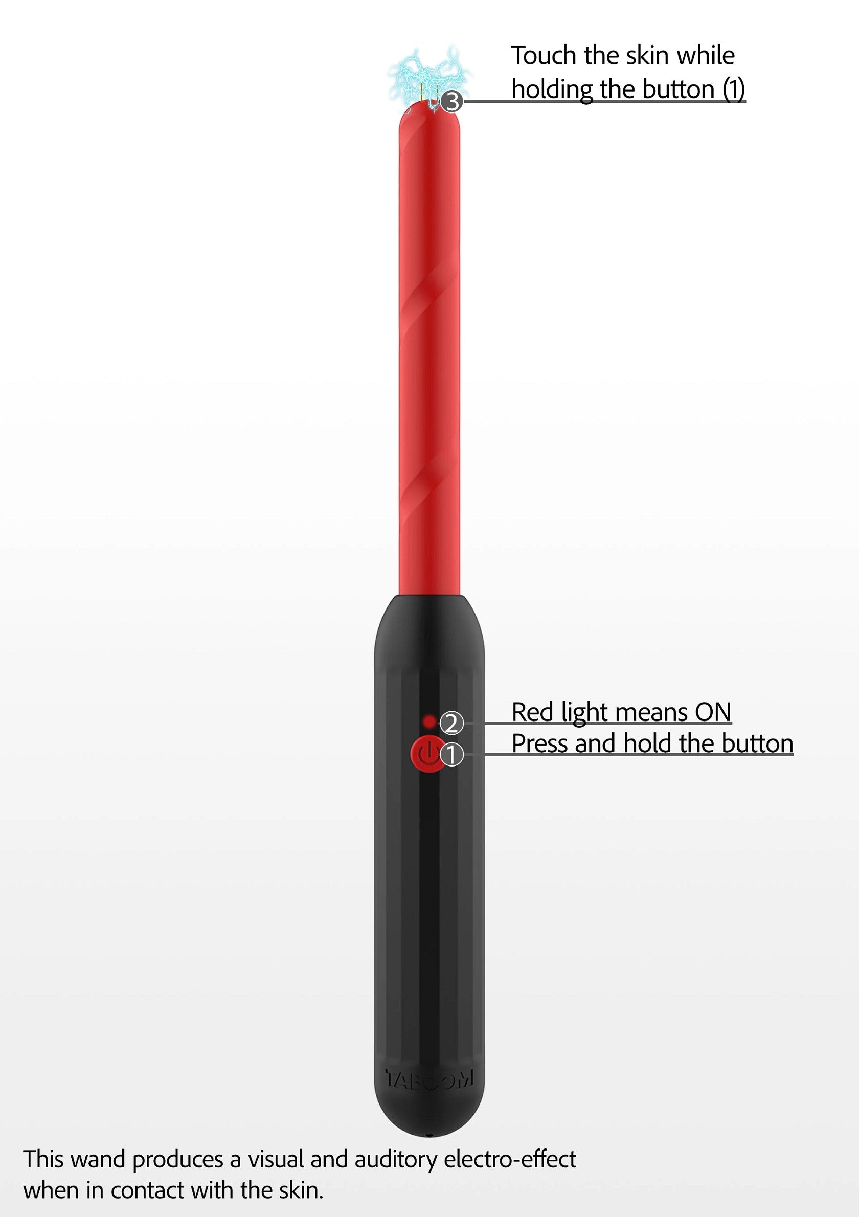 Baguette de stimulation électrique pour des sensations uniques. Effets visuels et auditifs au contact de la peau.; Elektrische stimulatiewand voor unieke sensaties. Visuele en auditieve effecten bij contact met de huid.; Electric stimulation wand for unique sensations. Visual and auditory effects when in contact with the skin.
