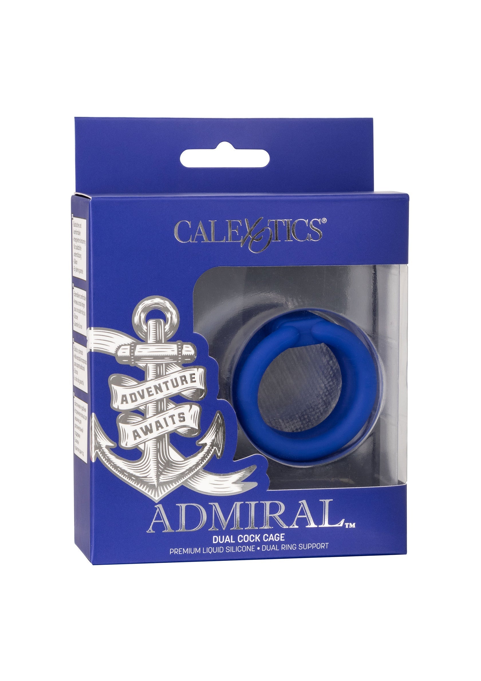 CalExotics Admiral Dual Cock Cage. Cage pénienne double anneau en silicone bleu. Aventure garantie!; CalExotics Admiral Dual Cock Cage. Premium siliconen penis kooi met dubbele ring ondersteuning. Avontuur gegarandeerd!; CalExotics Admiral Dual Cock Cage. Premium silicone cock cage with dual ring support. Adventure awaits!