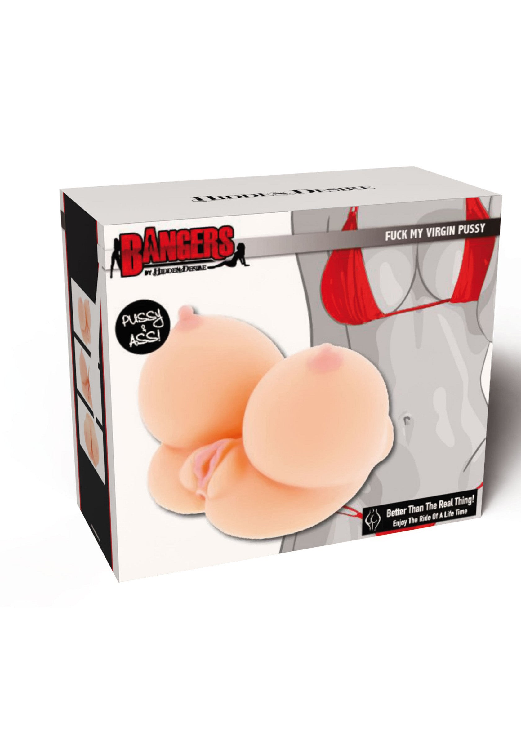 Boîte de masturbateur Dangers avec les mots 'Fuck My Virgin Pussy'.; Doos Dangers masturbator met de tekst 'Fuck My Virgin Pussy'.; Box of Dangers masturbator with the words 'Fuck My Virgin Pussy'.