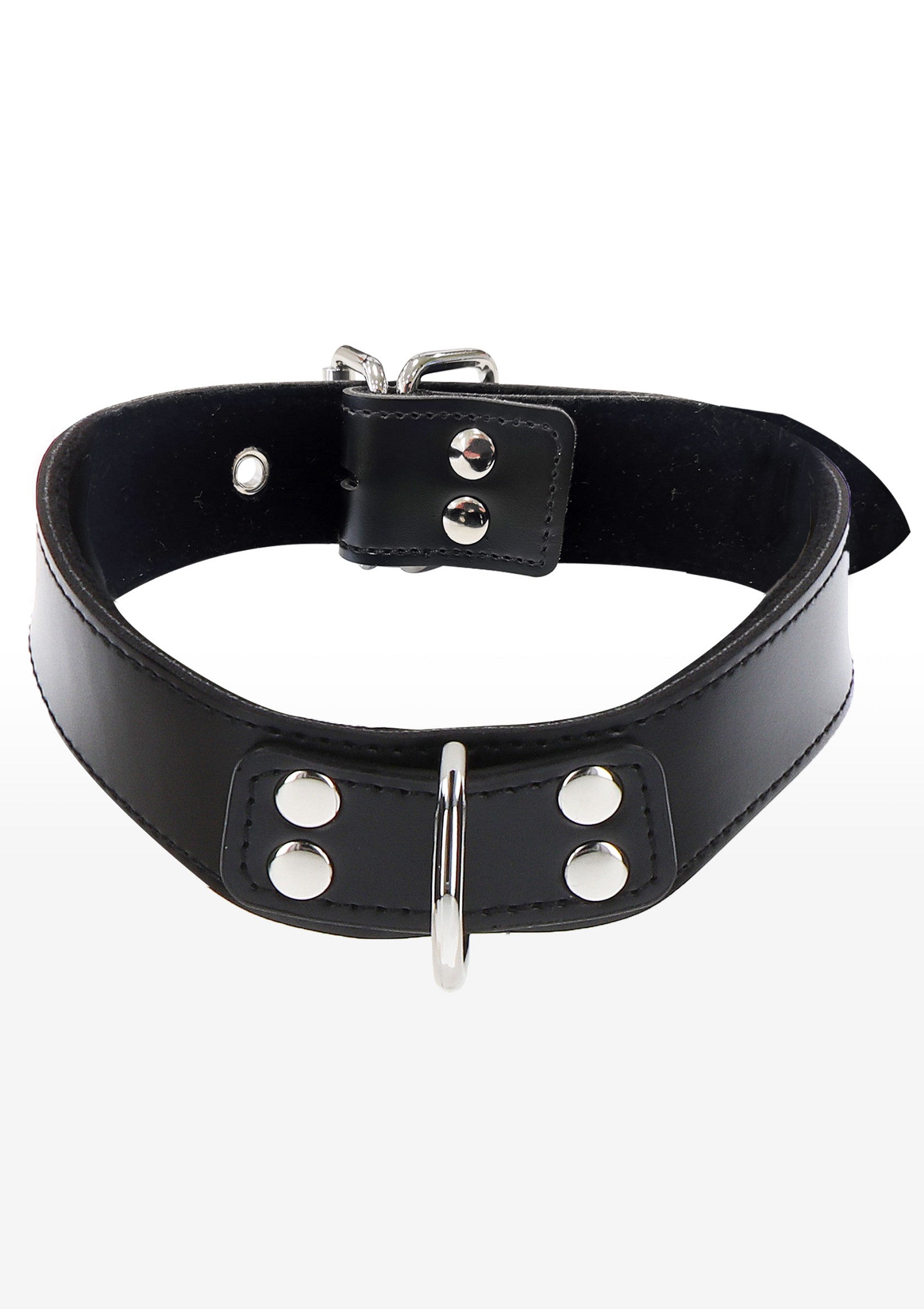 Collier noir en cuir avec anneau. Accessoire de mode original et audacieux.; Zwarte lederen halsband met ring. Een gedurfd en uniek modeaccessoire.; Black leather choker collar with ring. An edgy and unique fashion accessory.