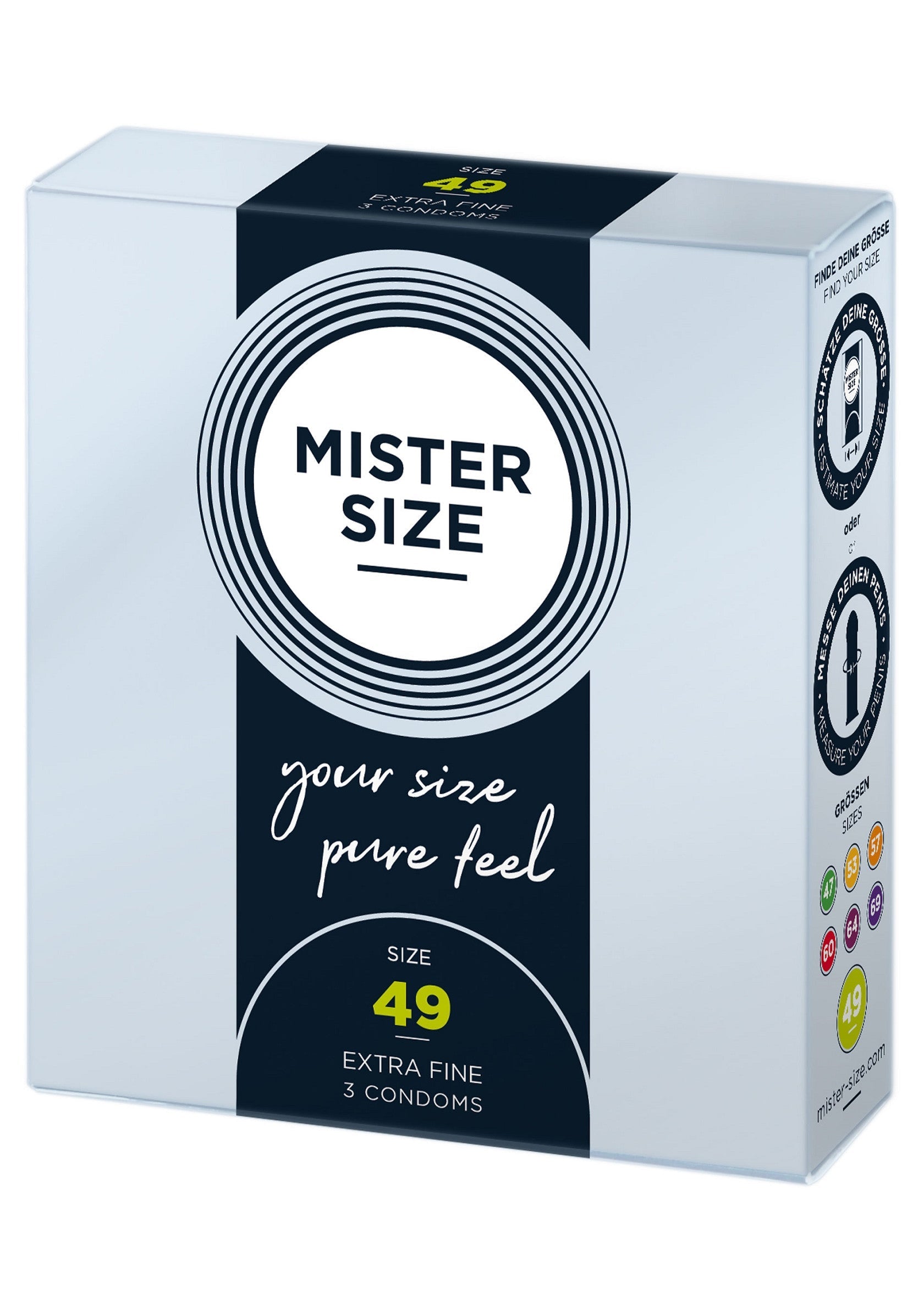 Préservatifs Mister Size 49, extra fins pour une sensation naturelle. Taille parfaite pour un confort optimal.; Mister Size 49 condooms, extra dun voor een natuurlijk gevoel. Perfecte pasvorm voor optimaal comfort.; Mister Size 49 condoms, extra thin for a natural feel. Perfect fit for optimal comfort. 3 condoms.