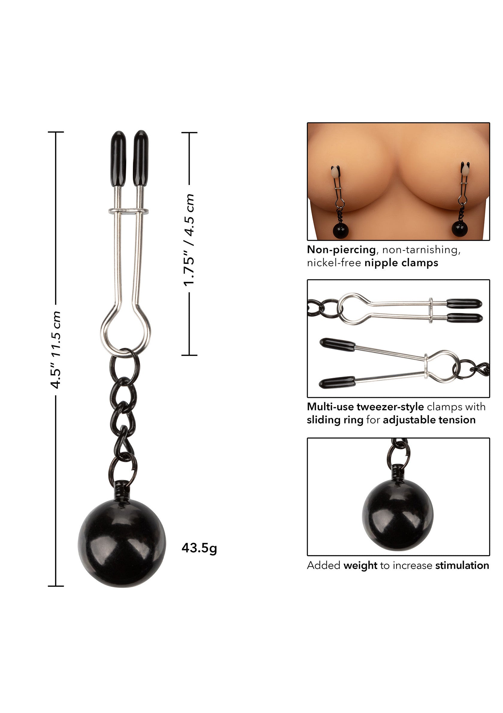 Pinces à tétons non perçantes avec poids. Intensifiez le plaisir avec ces pinces réglables et leur poids supplémentaire.; Niet-piercing tepelklemmen met gewicht. Intensiver je plezier met deze verstelbare klemmen en het extra gewicht.; Non-piercing nipple clamps with weight. Intensify pleasure with these adjustable clamps and added weight.