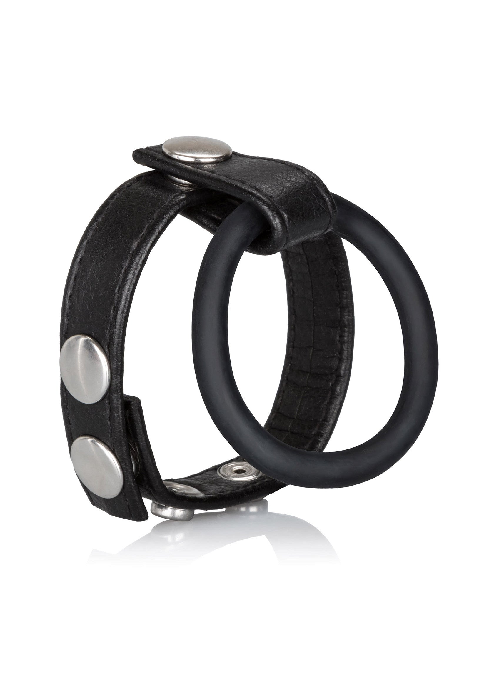 Anneau pénien ajustable en cuir noir avec anneau en silicone. Pour plus de plaisir et de sensations fortes.; Verstelbare penisring van zwart leer met siliconen ring. Voor meer plezier en intense sensaties.; Adjustable cock ring made of black leather with silicone ring. For more pleasure and intense sensations.