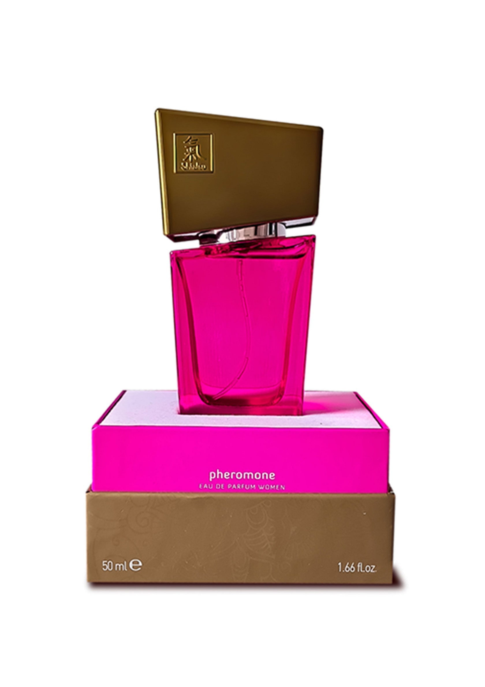Parfum Phéromone pour femmes, flacon rose vif avec bouchon doré. 50 ml d'eau de parfum.; Feromoon parfum voor vrouwen, felroze fles met gouden dop. 50 ml Eau de Parfum.; Pheromone perfume for women, bright pink bottle with gold cap. 50 ml Eau de Parfum.