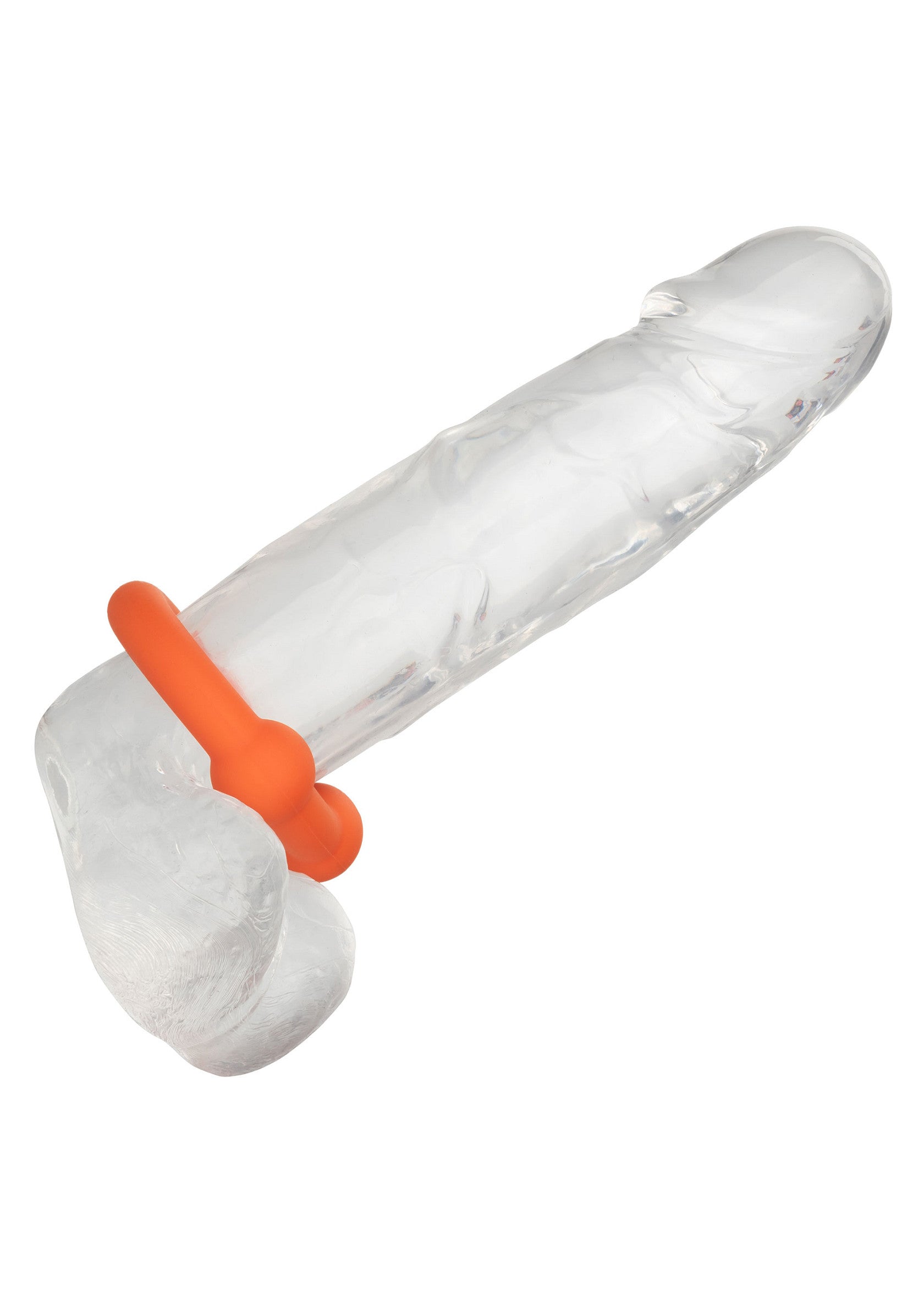 Gode transparent avec anneau vibrant orange pour plus de sensations.; Transparante dildo met oranje vibrerende ring voor extra stimulatie.; Clear dildo with orange vibrating ring for extra stimulation.