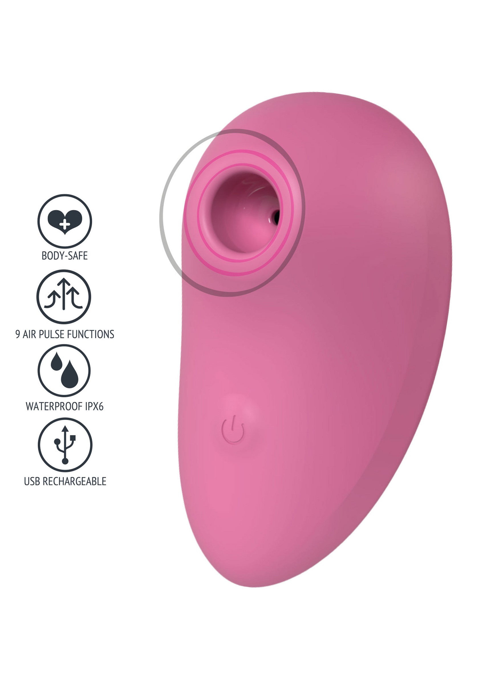 Masseur personnel rose rechargeable USB avec 9 fonctions de pulsation d'air, étanche IPX6 et fabriqué avec des matériaux sans danger.; Roze USB oplaadbare persoonlijke stimulator met 9 luchtpulsfuncties, IPX6 waterdicht en gemaakt van lichaamsveilige materialen.; Pink USB rechargeable personal massager with 9 air pulse functions, IPX6 waterproof, and made with body-safe materials.