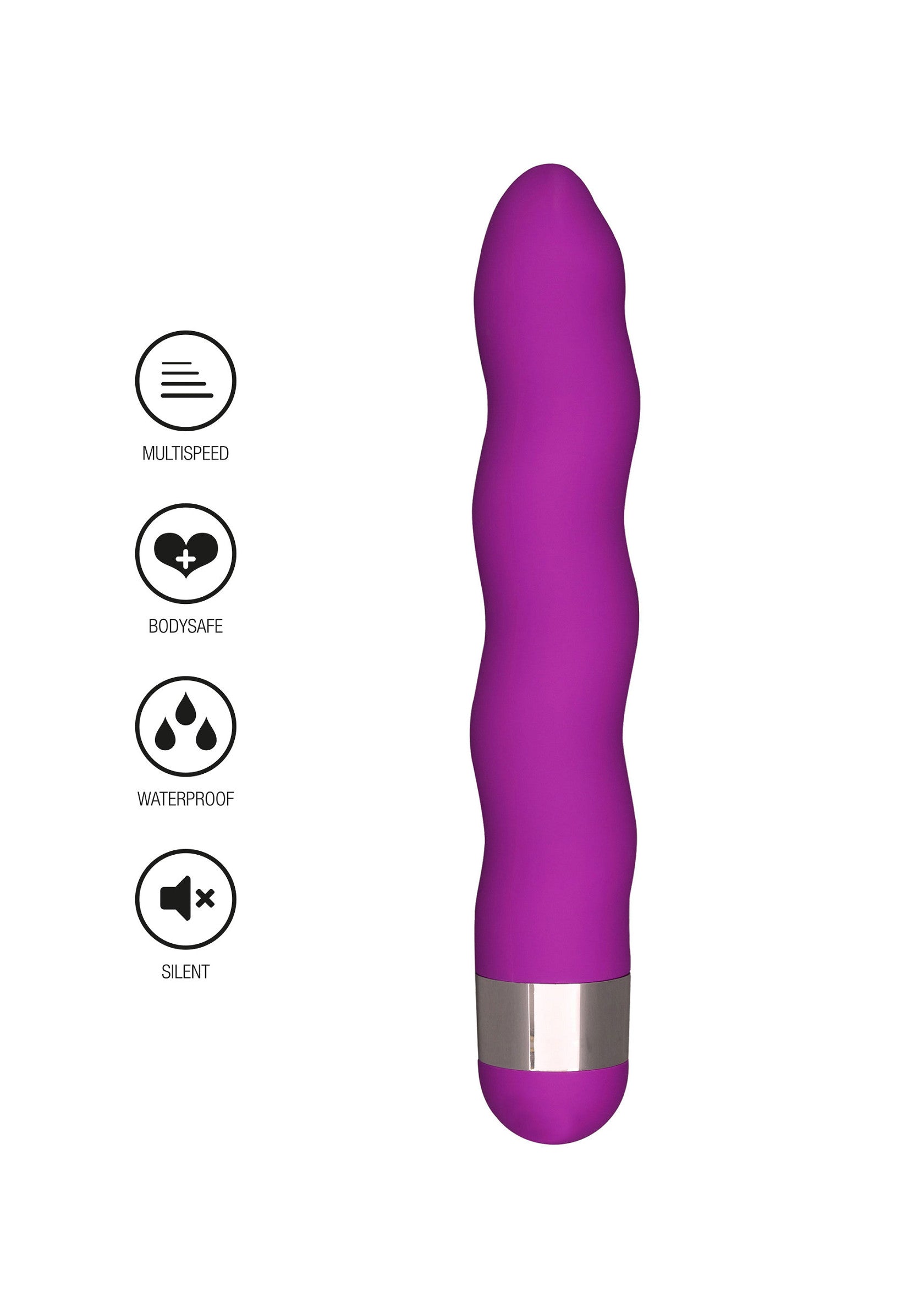 Vibromasseur violet ondulé, multi-vitesse, étanche et silencieux. Sûr pour le corps.; Paarse, golvende vibrator, multi-speed, waterdicht en stil. Veilig voor het lichaam.; Purple, wavy vibrator, multi-speed, waterproof, and silent. Body-safe.