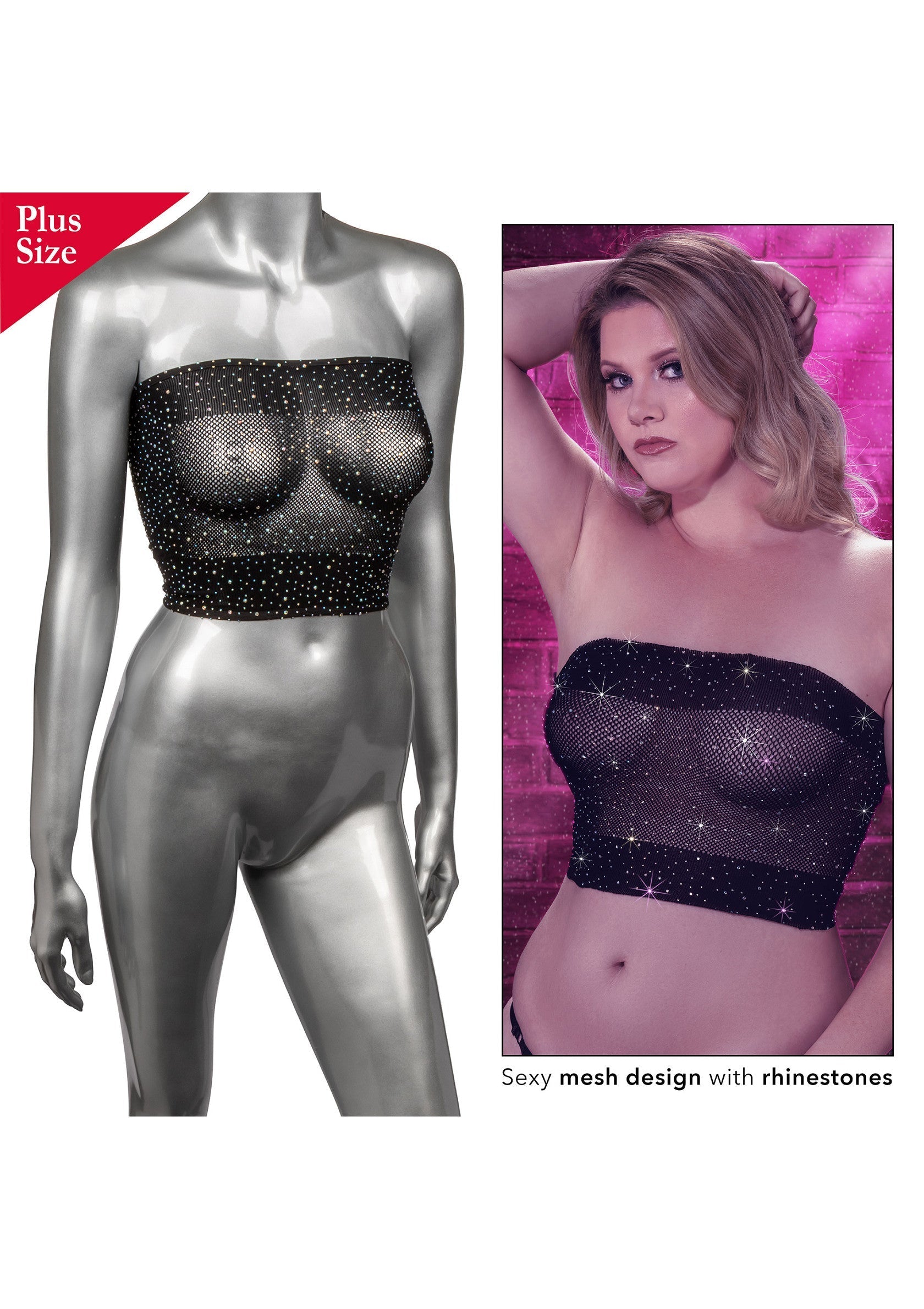 Haut bandeau en maille sexy avec strass. Disponible en grandes tailles.; Sexy mesh top met strass steentjes. Beschikbaar in plus size.; Sexy mesh tube top with rhinestones. Available in plus size.