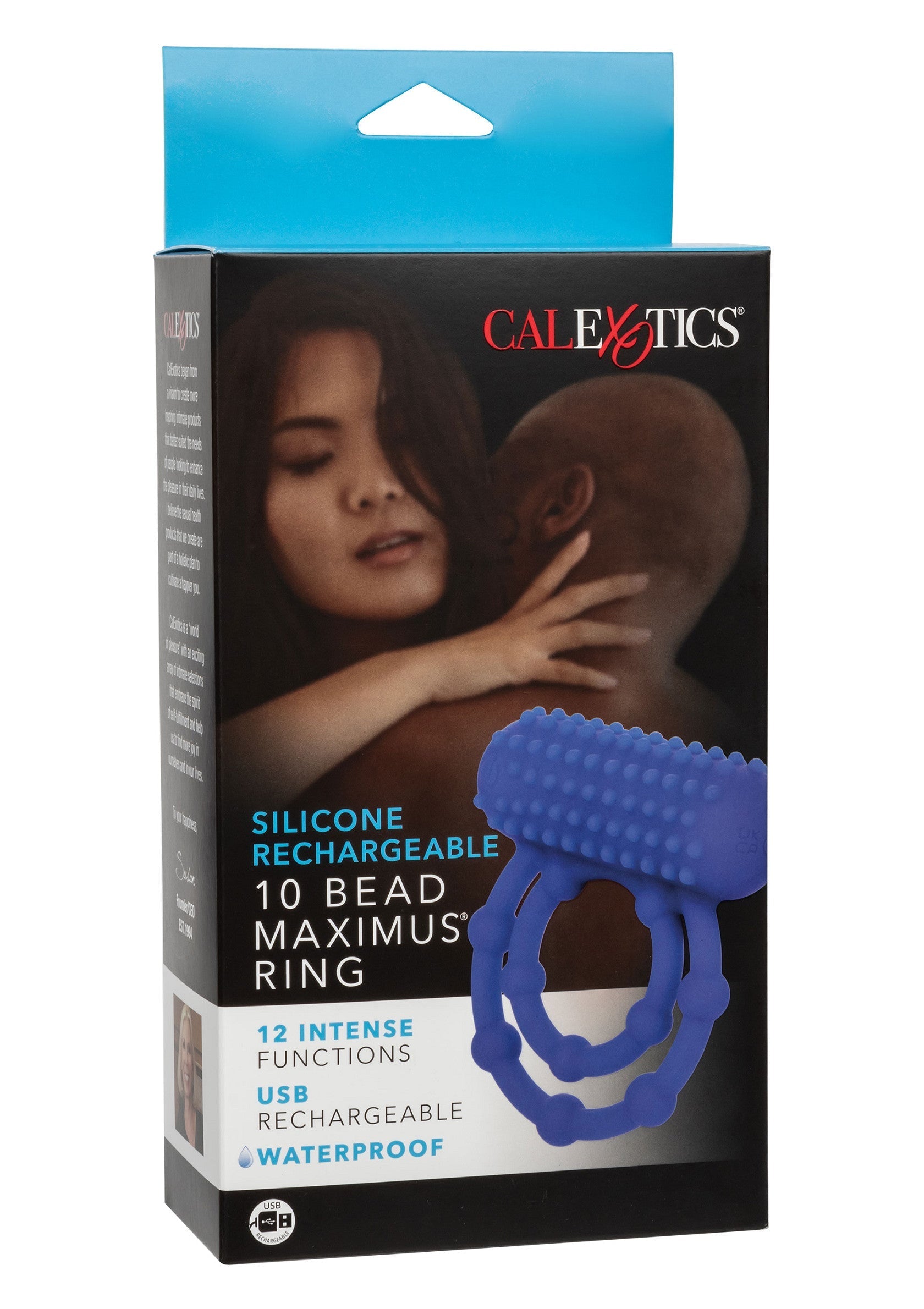 Anneau pénien rechargeable CalExotics Maximus 10 Beads en silicone, étanche et à 12 fonctions intenses.; CalExotics Maximus 10 Beads penisring, siliconen, oplaadbaar, waterdicht en 12 intense functies.; CalExotics Maximus 10 Beads silicone rechargeable penis ring, waterproof and 12 intense functions.