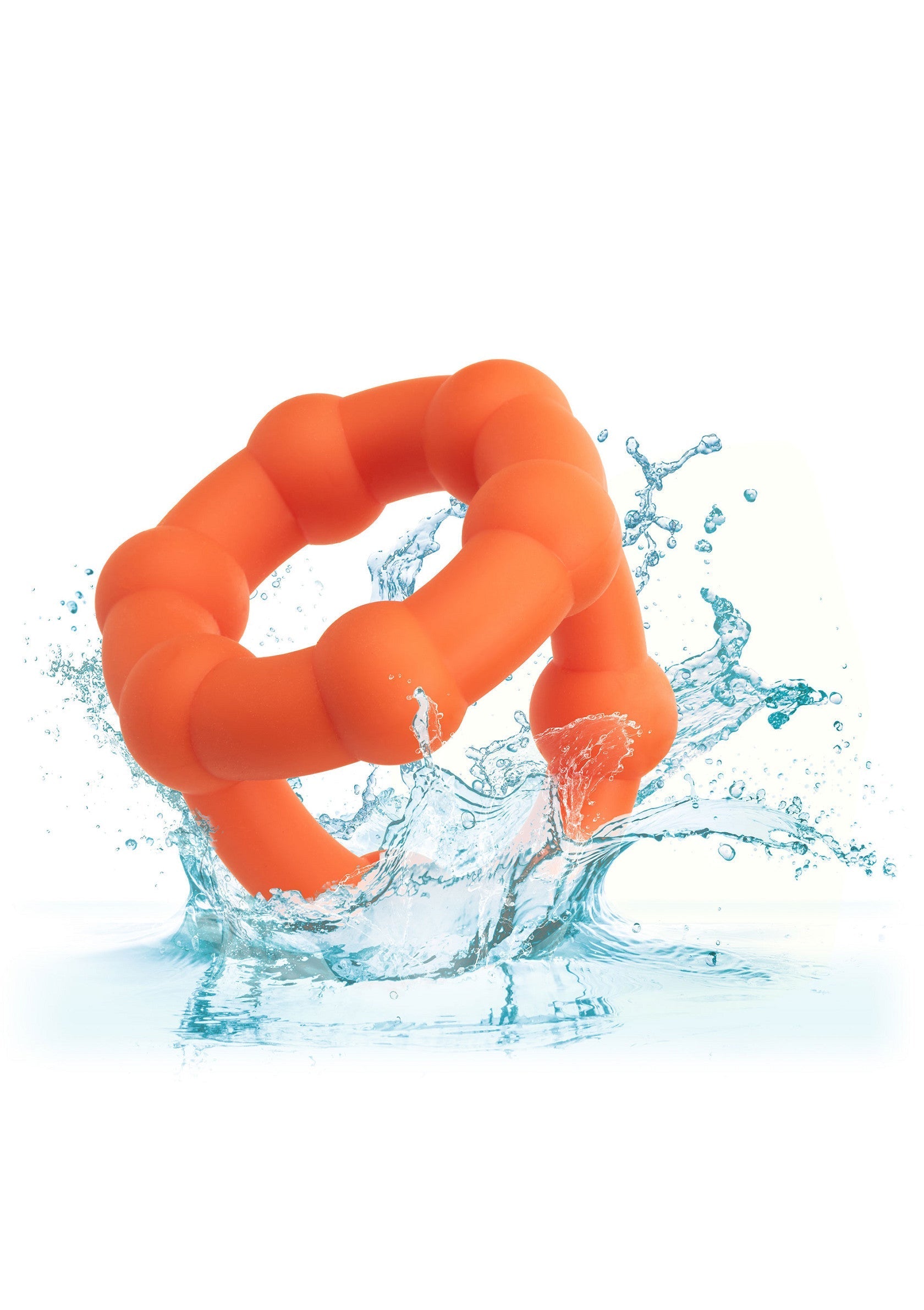 Anneau pénien orange texturé pour plus de plaisir. Étanche pour une utilisation dans le bain ou sous la douche.; Oranje getextureerde penisring voor extra plezier. Waterdicht voor gebruik in bad of onder de douche.; Textured orange cock ring for added pleasure. Waterproof for use in the bath or shower.