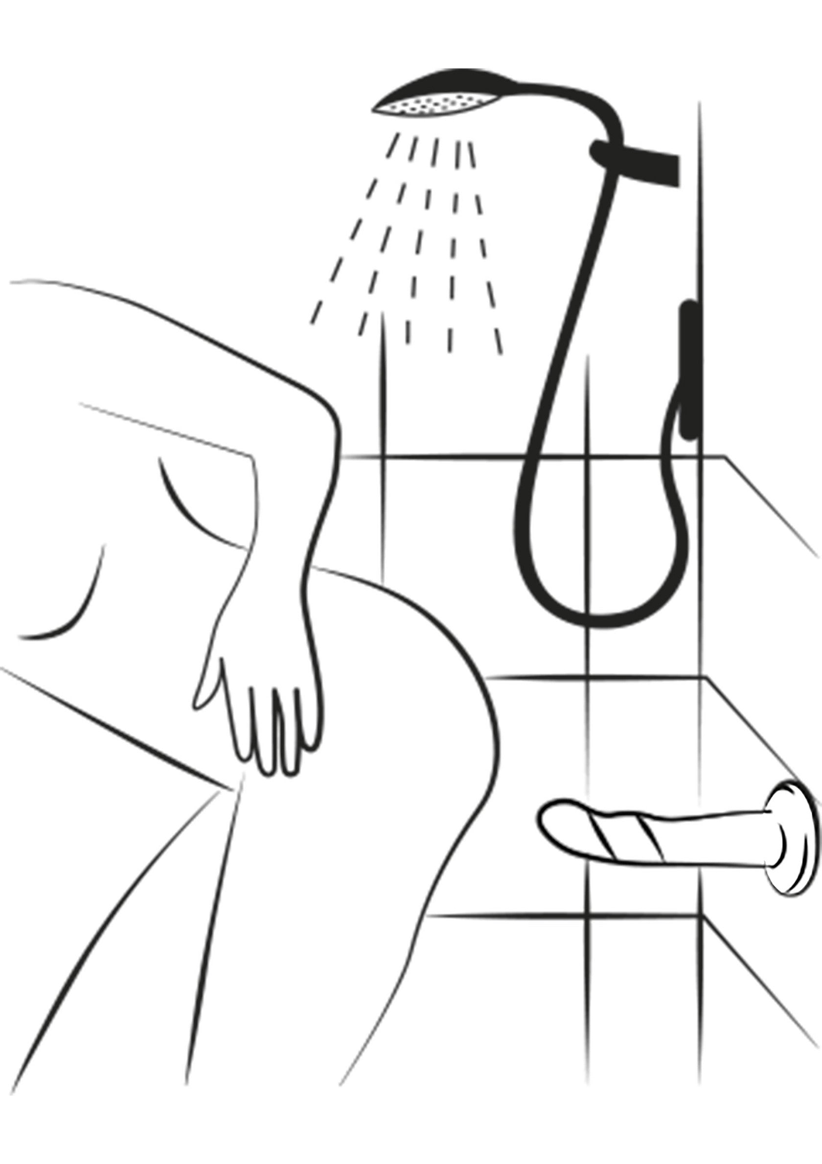 Illustration érotique en noir et blanc d'une femme sous la douche avec un gode, idéale pour une décoration coquine et sensuelle.; Zwart-wit erotische illustratie van een vrouw onder de douche met een dildo, ideaal voor een ondeugende en sensuele decoratie.; Black and white erotic illustration of a woman in the shower with a dildo, ideal for a naughty and sensual decoration.