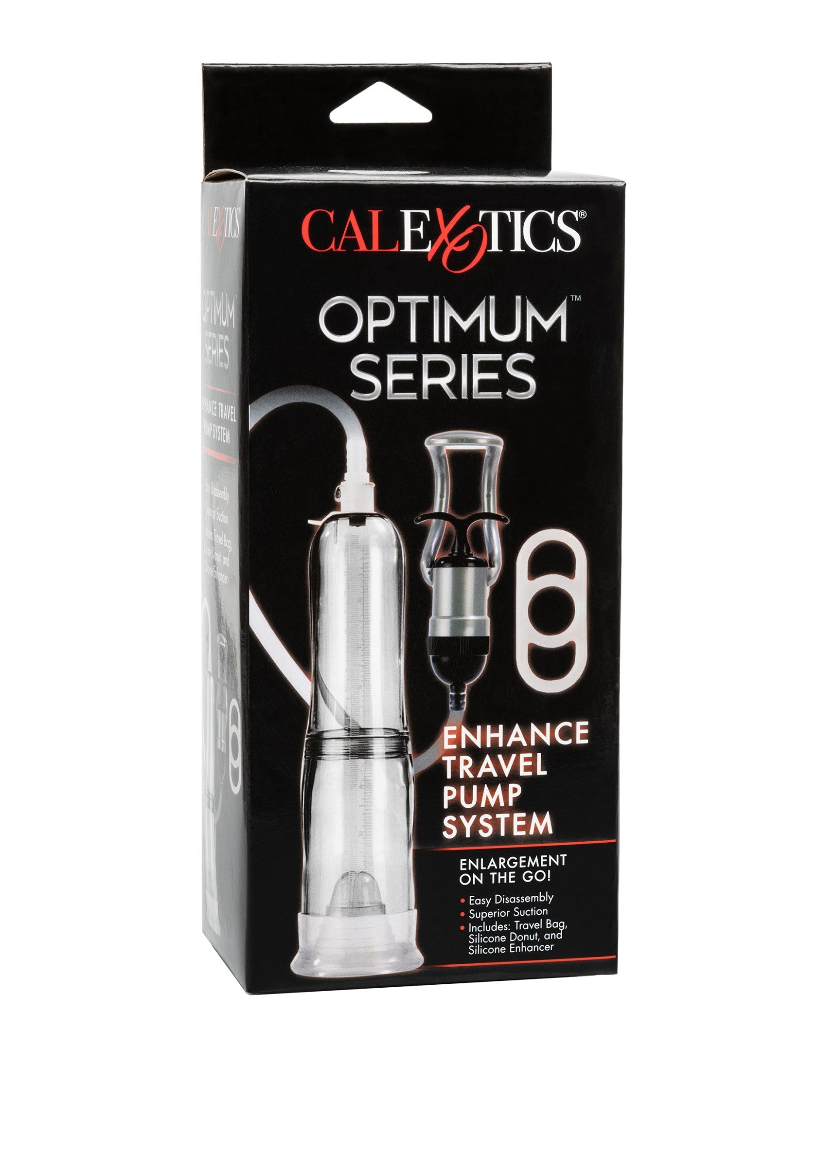 CalExotics Optimum Series Enhance Travel Pump System. Pour l'amélioration personnelle.; CalExotics Optimum Series Enhance Travel Pomp Systeem. Voor persoonlijke verbetering.; CalExotics Optimum Series Enhance Travel Pump System. For personal enhancement.