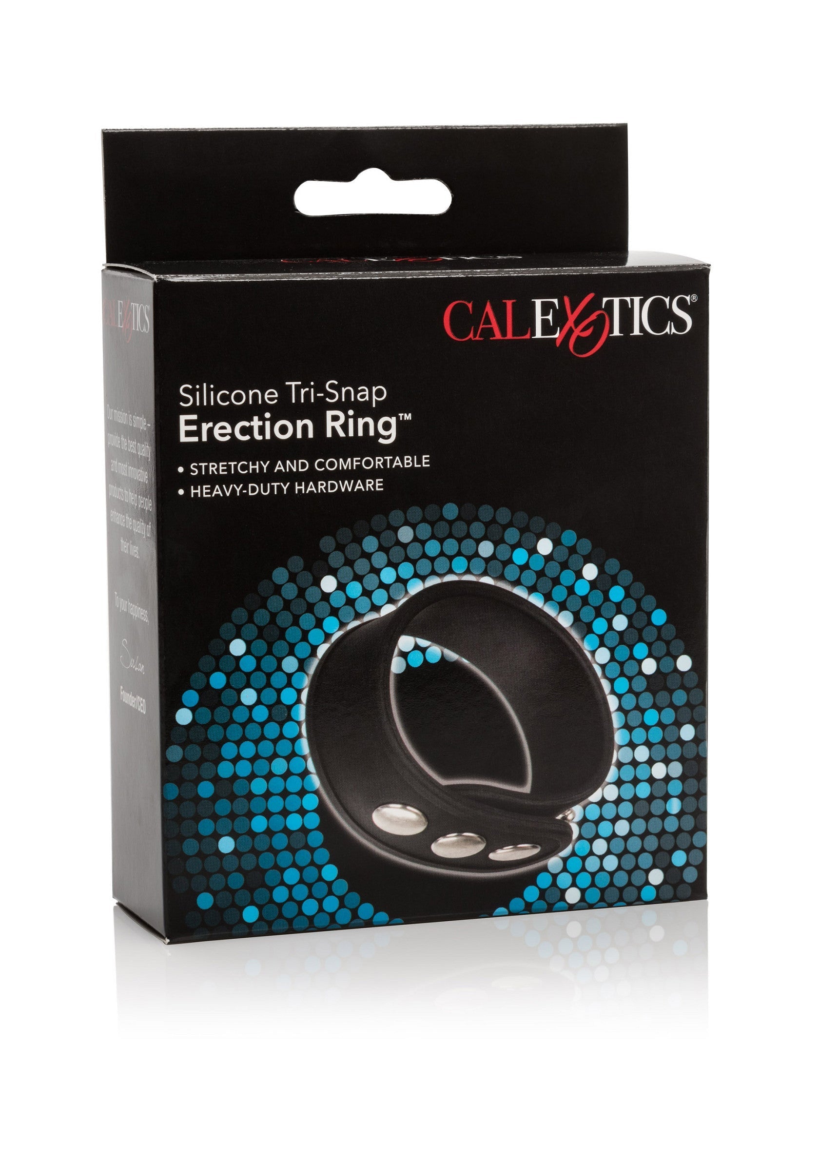 Anneau d'érection Silicone Tri-Snap CalExotics pour une érection plus dure et plus longue. Confortable et extensible.; CalExotics Silicone Tri-Snap Erectiering voor een hardere, langere erectie. Comfortabel en rekbaar.; CalExotics Silicone Tri-Snap Erection Ring for a harder, longer erection. Comfortable and stretchy.