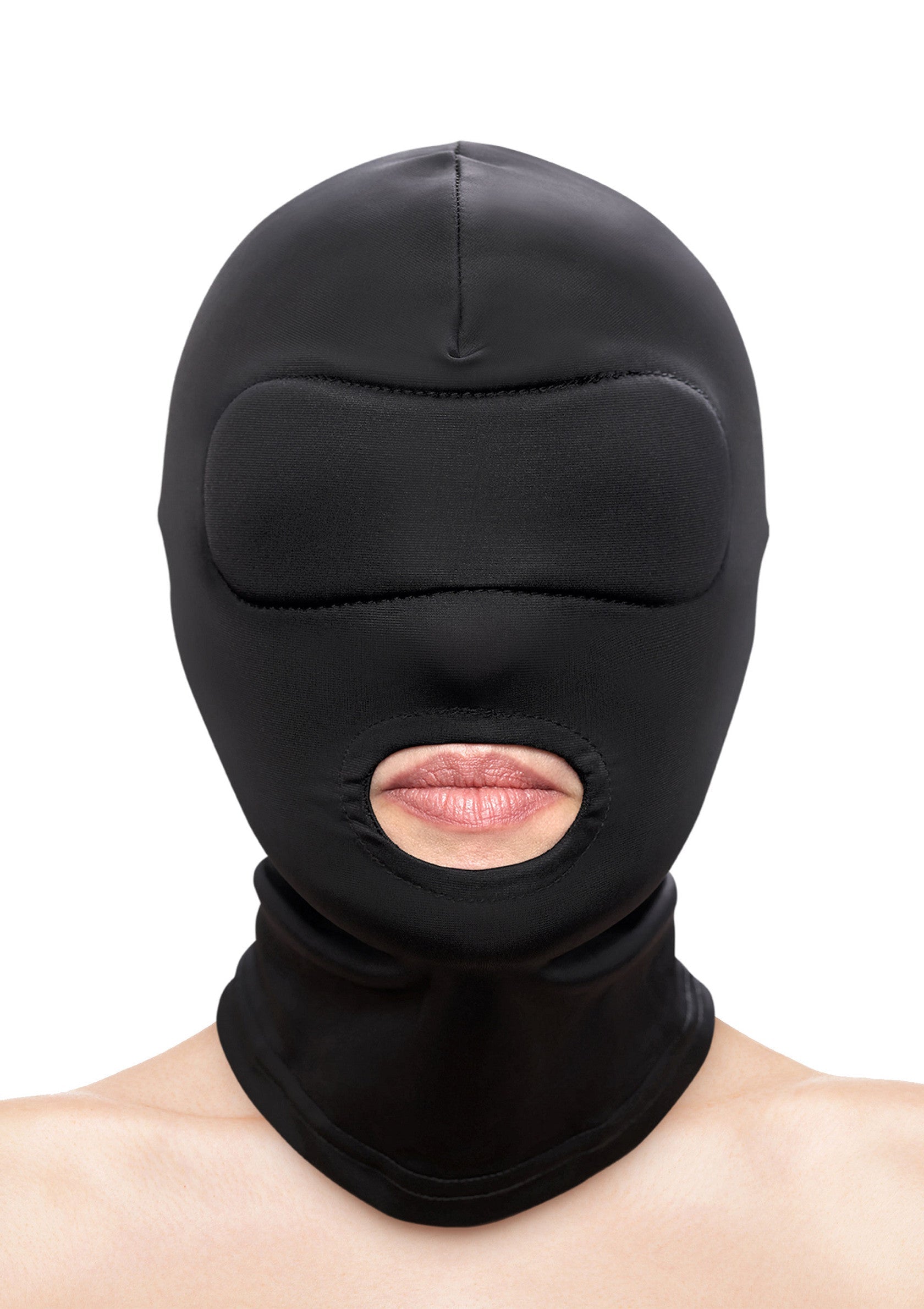 Masque intégral en lycra noir avec ouverture pour la bouche et patch oculaire rembourré.; Zwart lycra masker met opening voor de mond en gewatteerde ooglap.; Black lycra full face mask with mouth opening and padded eye patch.
