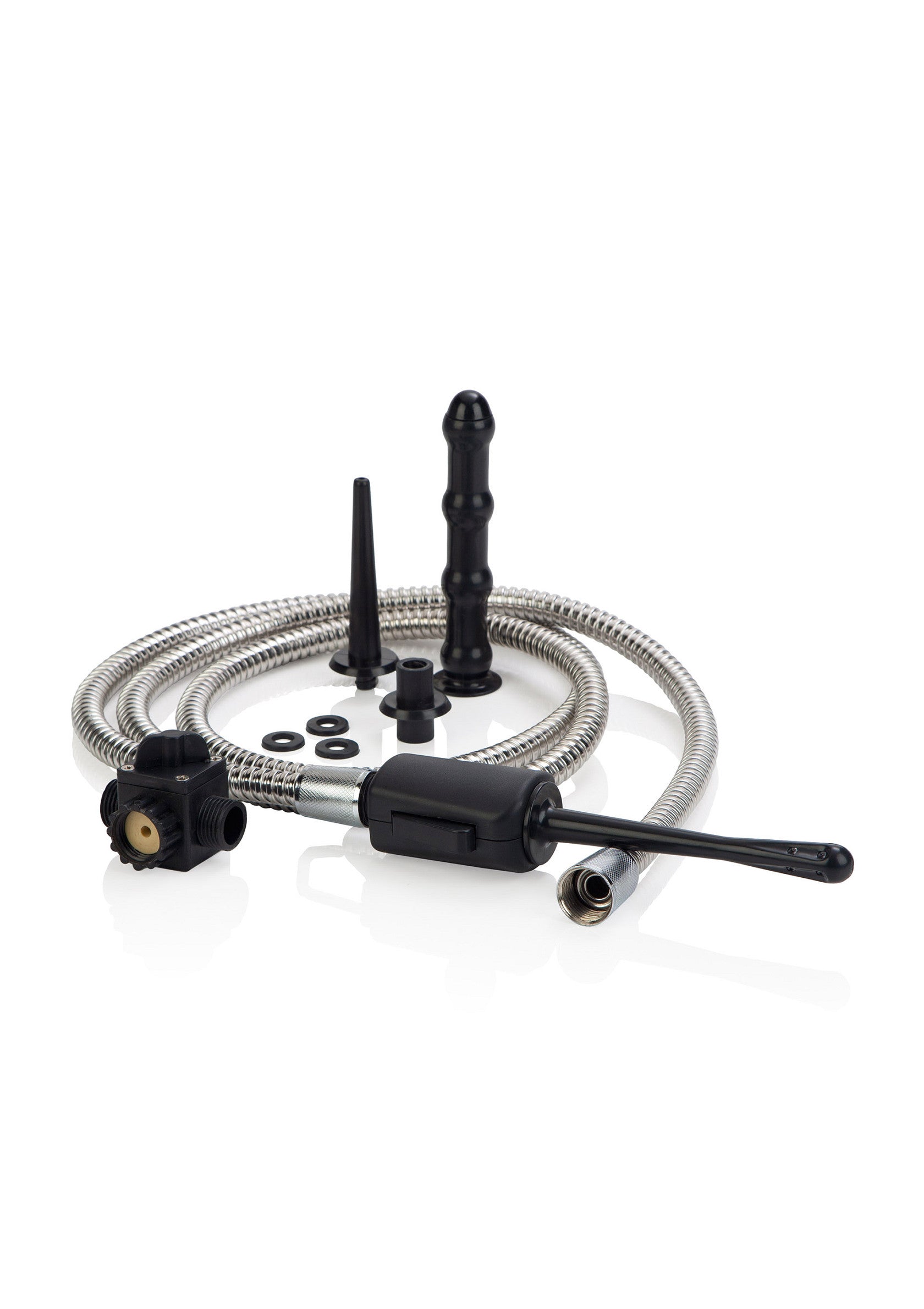 Kit d'hygiène intime : poire anale, embouts, tuyau, et accessoires pour une sensation de propreté et de fraîcheur optimale.; Hygiëne kit: anale douche, opzetstukken, slang en accessoires voor een optimaal schoon en fris gevoel.; Hygiene kit: anal douche, attachments, hose, and accessories for an optimally clean and fresh feeling.