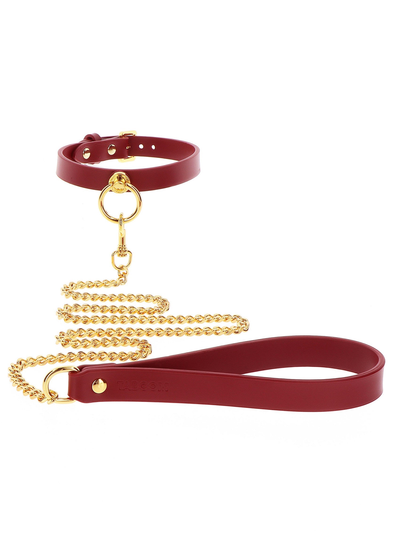 Collier rouge avec chaîne dorée et laisse assortie. Accessoire élégant pour un style unique et audacieux.; Rode halsband met gouden ketting en bijpassende riem. Stijlvolle accessoire voor een unieke en gedurfde stijl.; Red collar with gold chain and matching leash. Stylish accessory for a unique and bold look.