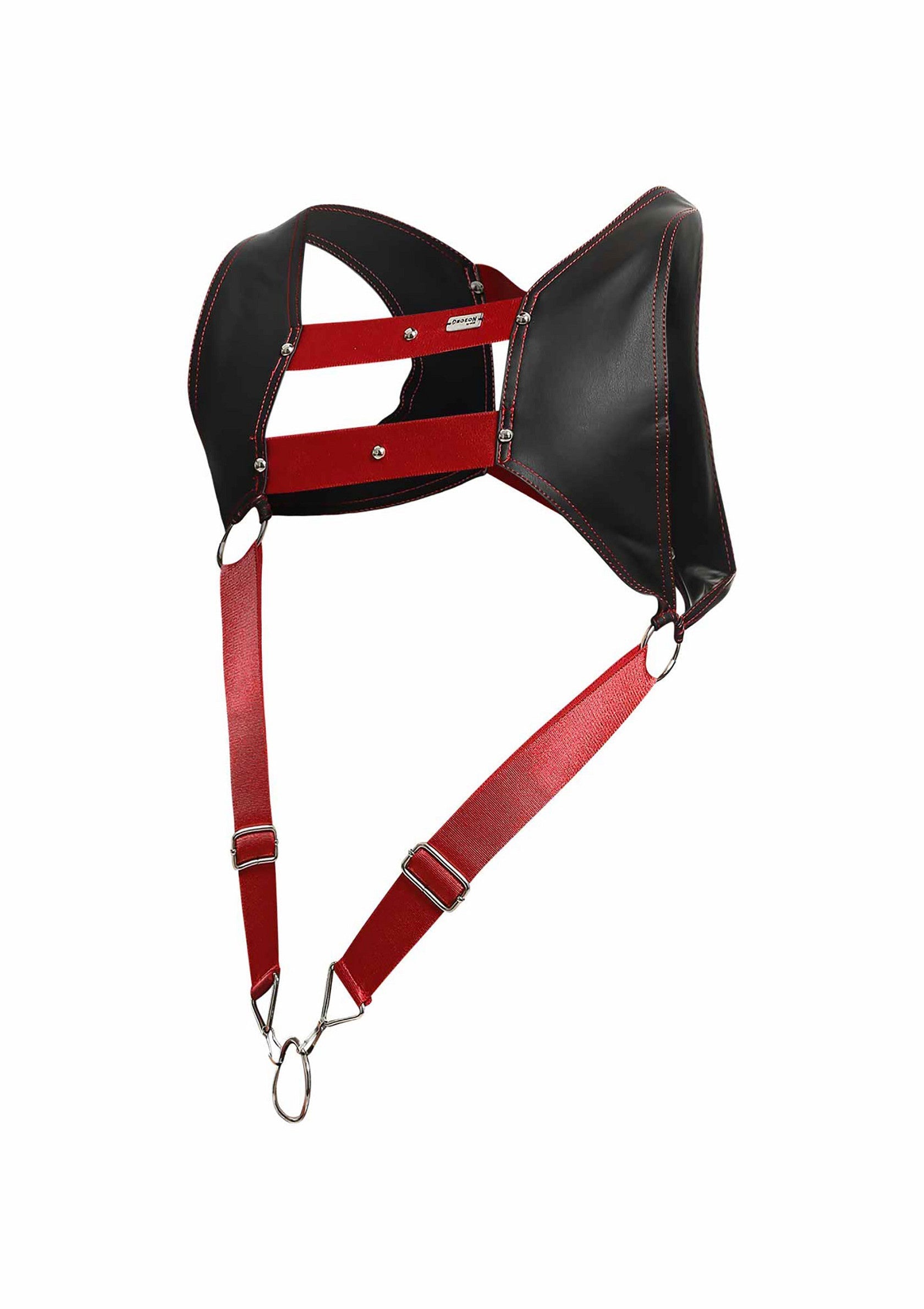 Harnais en cuir noir et rouge avec bretelles réglables, idéal pour ajouter une touche audacieuse à votre style.; Zwart en rood leren harnas met verstelbare bandjes, ideaal om een gewaagde touch aan je outfit toe te voegen.; Black & red leather harness with adjustable straps. Perfect for adding an edgy touch to your look.