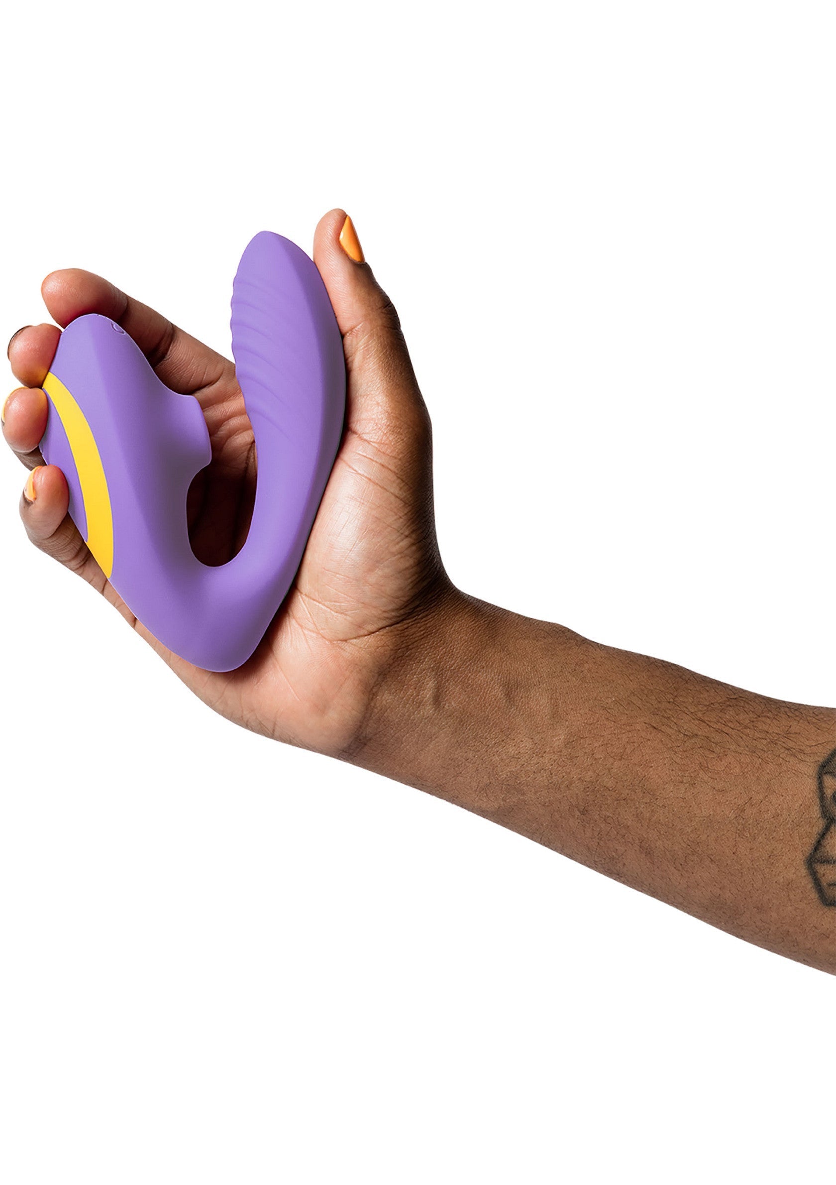Vibromasseur vague violet et jaune, idéal pour le plaisir féminin.; Paarse en gele golfvormige vibrator, ideaal voor vrouwelijk genot.; Purple and yellow wave vibrator, ideal for female pleasure.