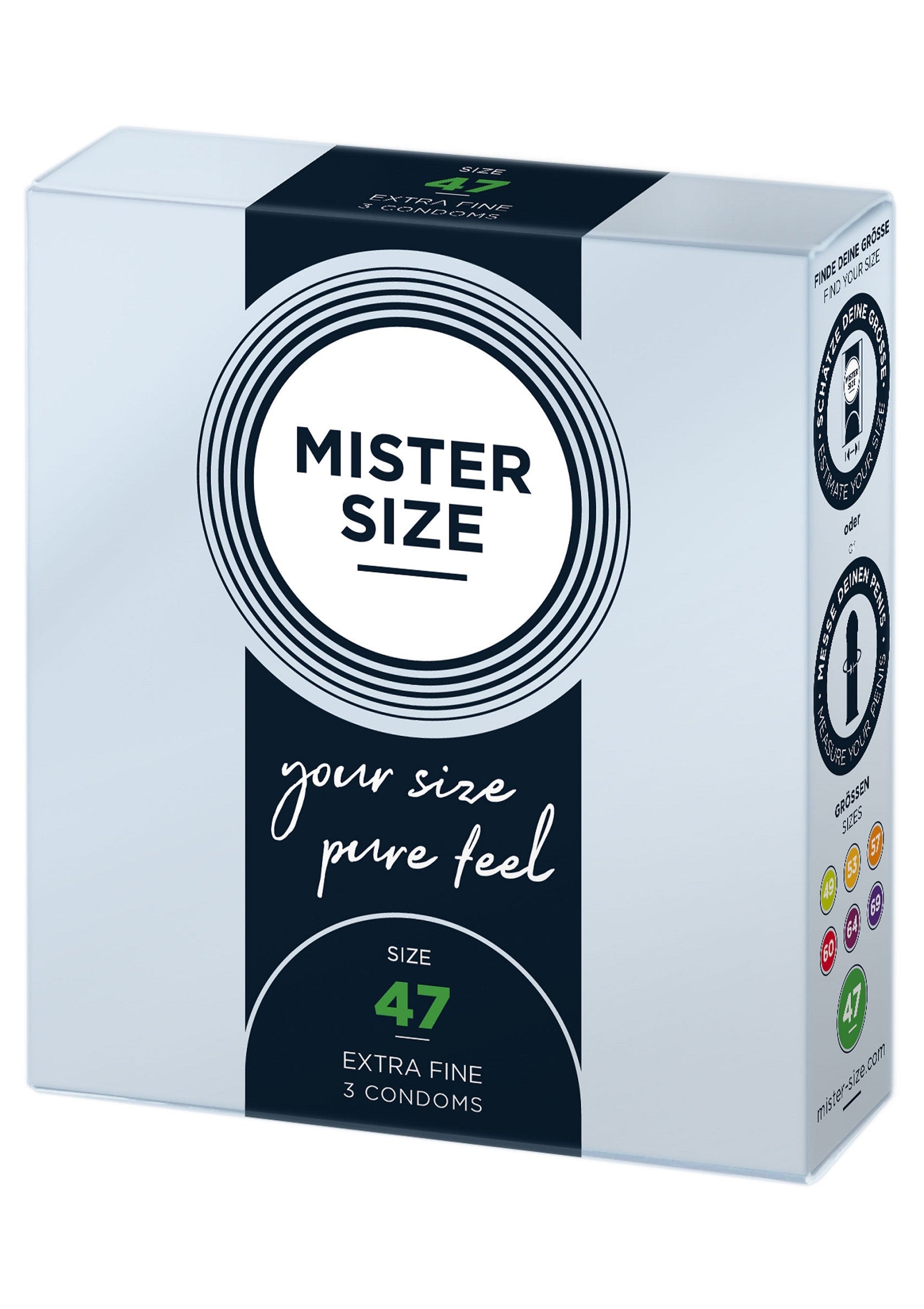 Préservatifs Mister Size 47 pour une sensation naturelle. Taille personnalisée pour plus de confort et de plaisir.; Mister Size 47 condooms voor een natuurlijk gevoel. Aangepaste maat voor meer comfort en plezier.; Mister Size 47 condoms for a natural feel. Custom size for added comfort and pleasure. 