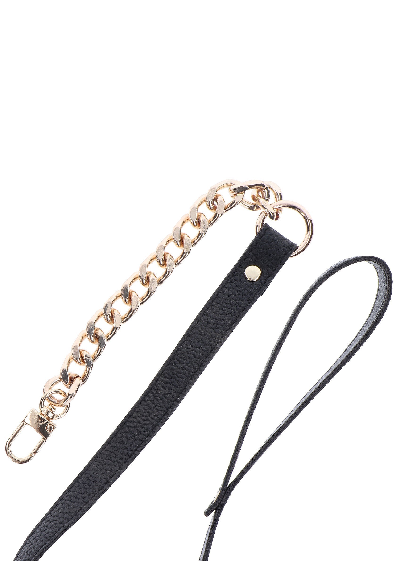 Bandoulière de sac interchangeable avec chaîne dorée et lanière noire élégante.; Verwisselbare tasriem met gouden ketting en elegante zwarte band.; Interchangeable bag strap featuring a gold chain and sleek black strap.