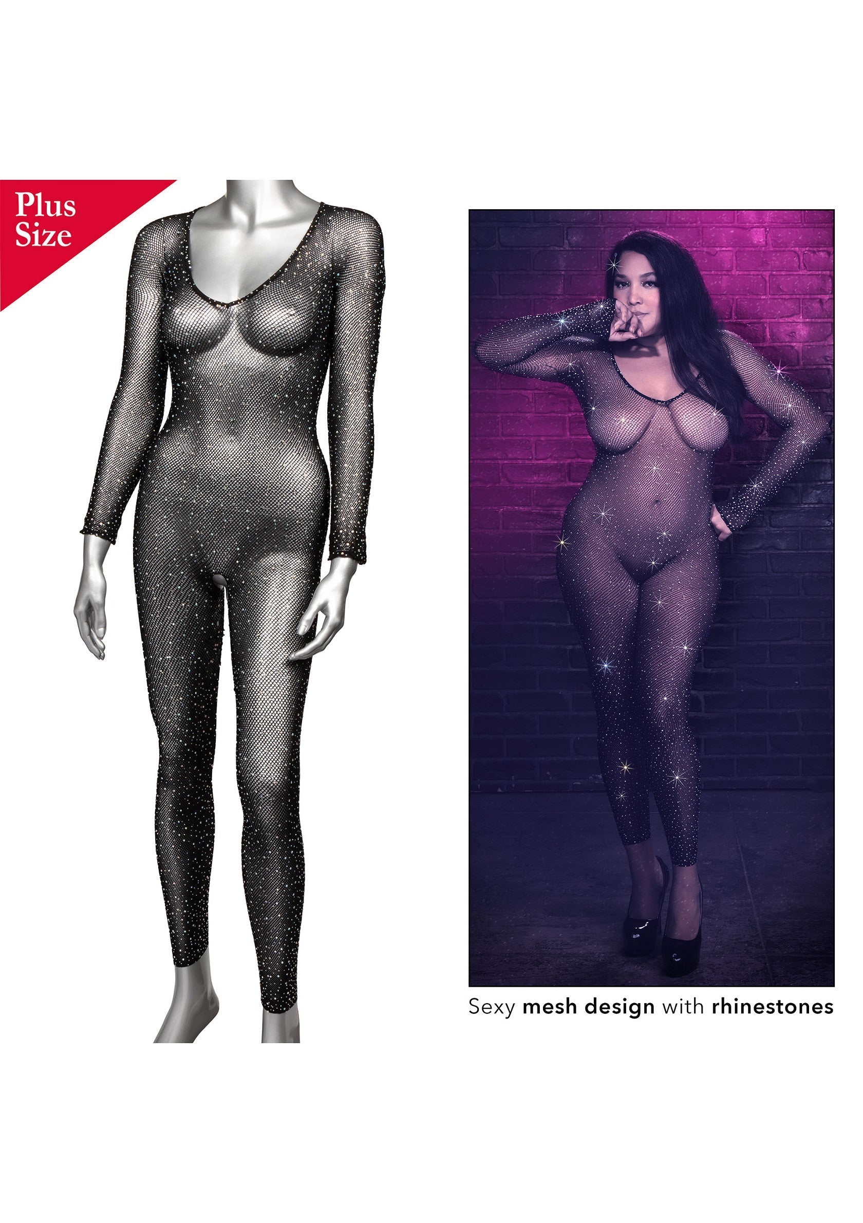 Combinaison résille sexy grande taille avec strass. Parfaite pour une soirée glamour !; Sexy mesh jumpsuit met strass steentjes in plus size. Perfect voor een glamoureuze avond!; Sexy plus size mesh jumpsuit with rhinestones. Perfect for a glamorous night out!