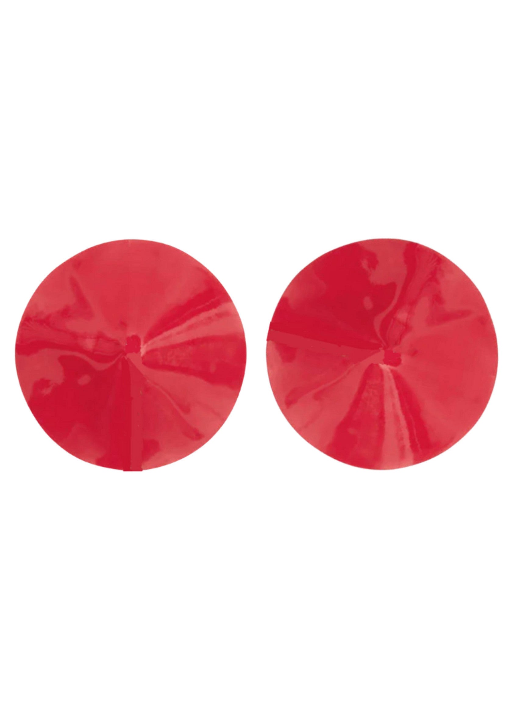 Cache-tétons rouges brillants pour une soirée glamour.; Glanzende rode tepelbedekkers voor een glamoureuze avond.; Shiny red nipple covers for a glamorous evening.