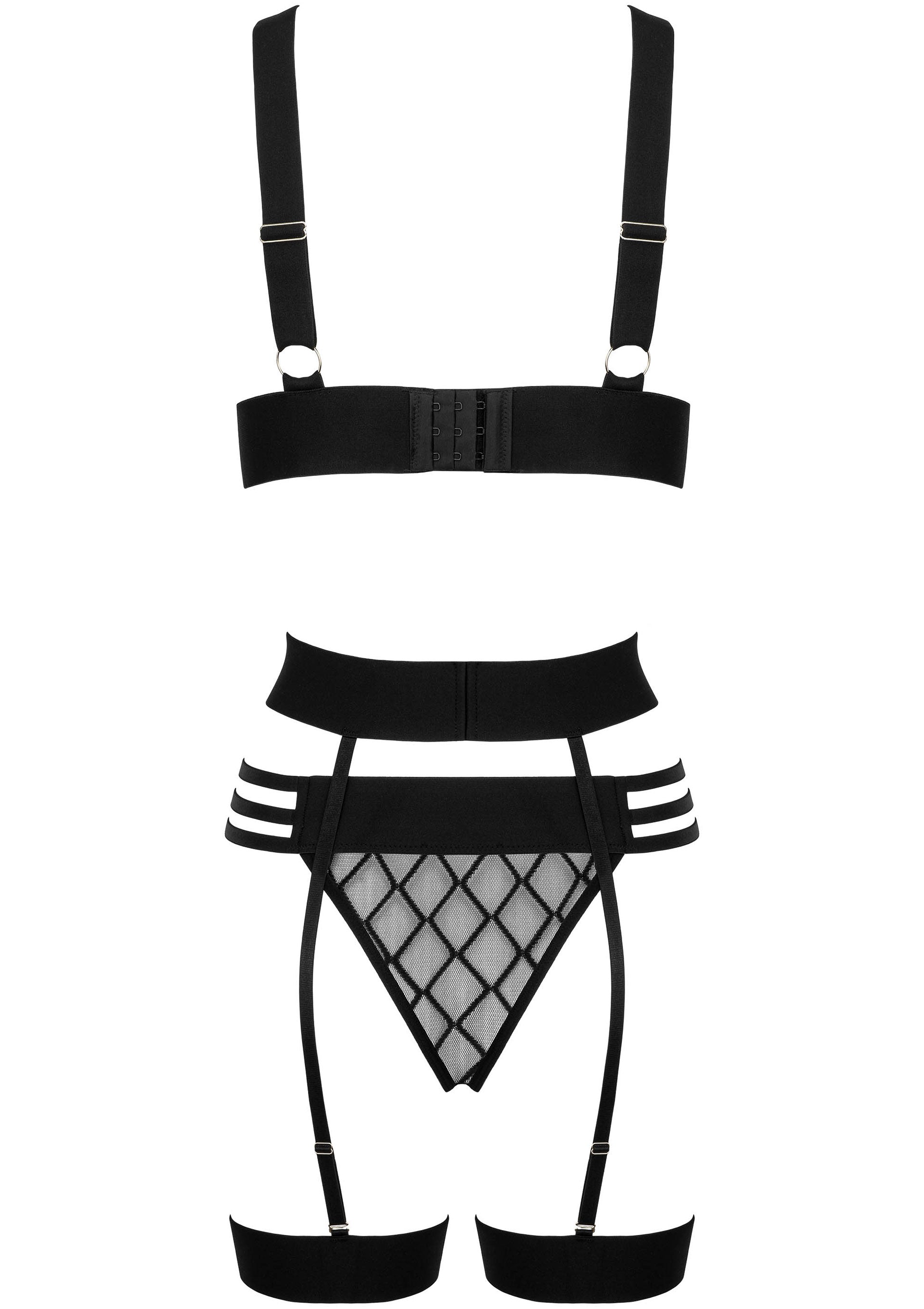 Ensemble de lingerie noire avec soutien-gorge harnais et string jarretelle à losanges.; Zwarte lingerie set met harness bh en ruitjes jarretelstring.; Black lingerie set with harness bra and diamond mesh garter thong.