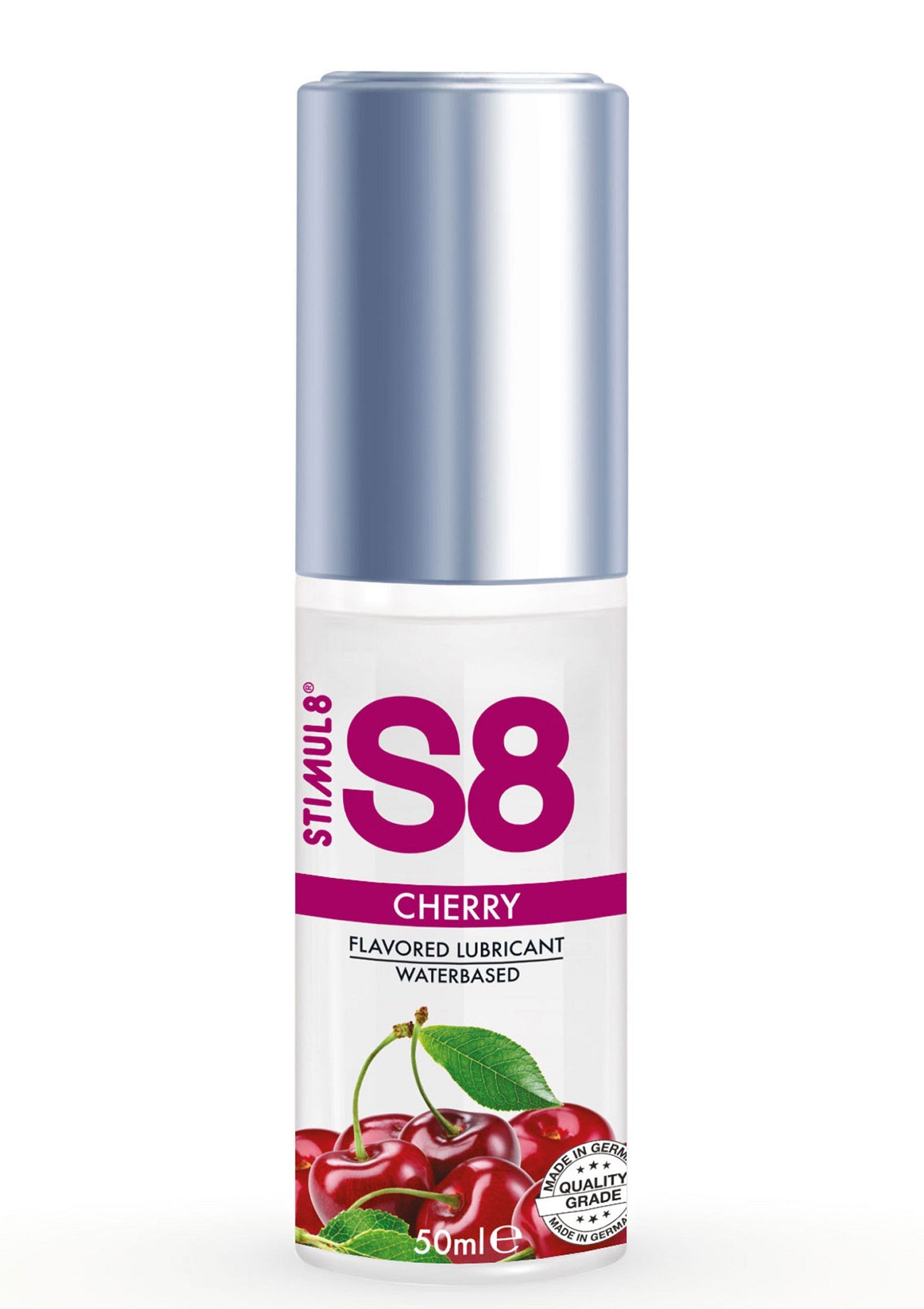 Lubrifiant à base d'eau aromatisé à la cerise Stimul8 S8 pour une expérience plus douce et savoureuse. 50ml; Stimul8 S8 kersen glijmiddel op waterbasis voor een zachtere, smaakvolle ervaring. 50ml; Stimul8 S8 cherry flavored water-based lubricant for a smoother, flavorful experience. 50ml