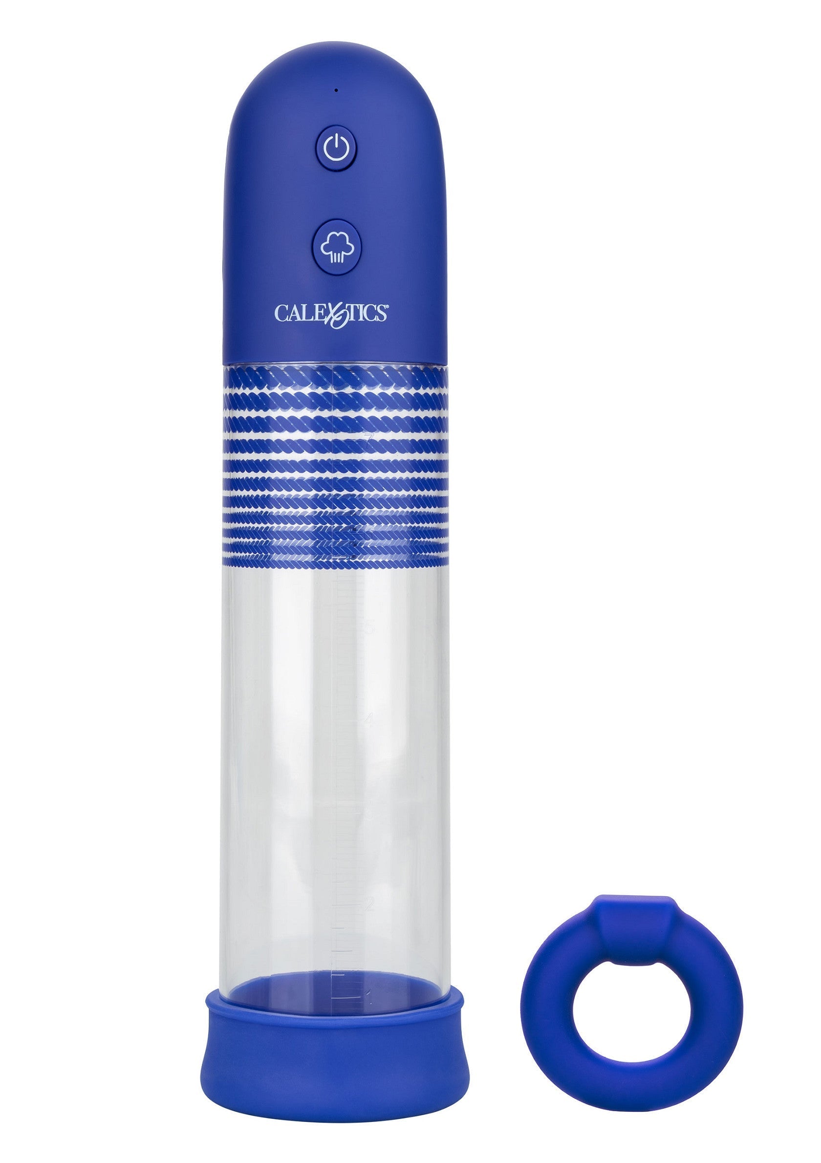 Pompe à pénis CalExotics bleue avec anneau pour hommes. Améliorez le plaisir et la performance. Achetez maintenant!; Blauwe CalExotics penispomp met ring voor mannen. Verbeter plezier en prestaties. Koop nu!; Blue CalExotics penis pump with ring for men. Enhance pleasure and performance. Shop now!