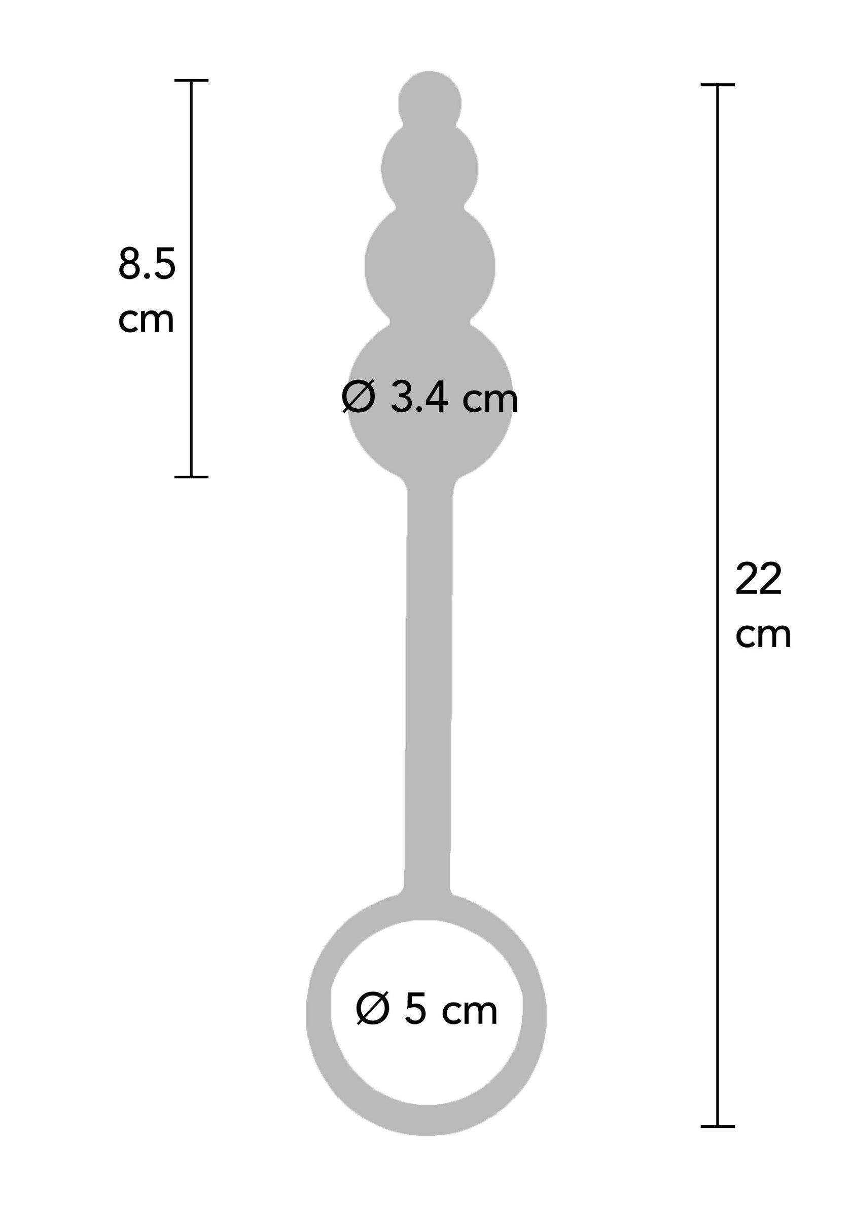 Schéma de dimensions d'un article : 22 cm de hauteur, anneau de 5 cm et boules de 3,4 cm.; Afmetingdiagram van een item: 22 cm hoog, ring van 5 cm en bollen van 3,4 cm.; Dimension diagram of an item: 22 cm height, 5 cm ring and 3.4 cm balls.