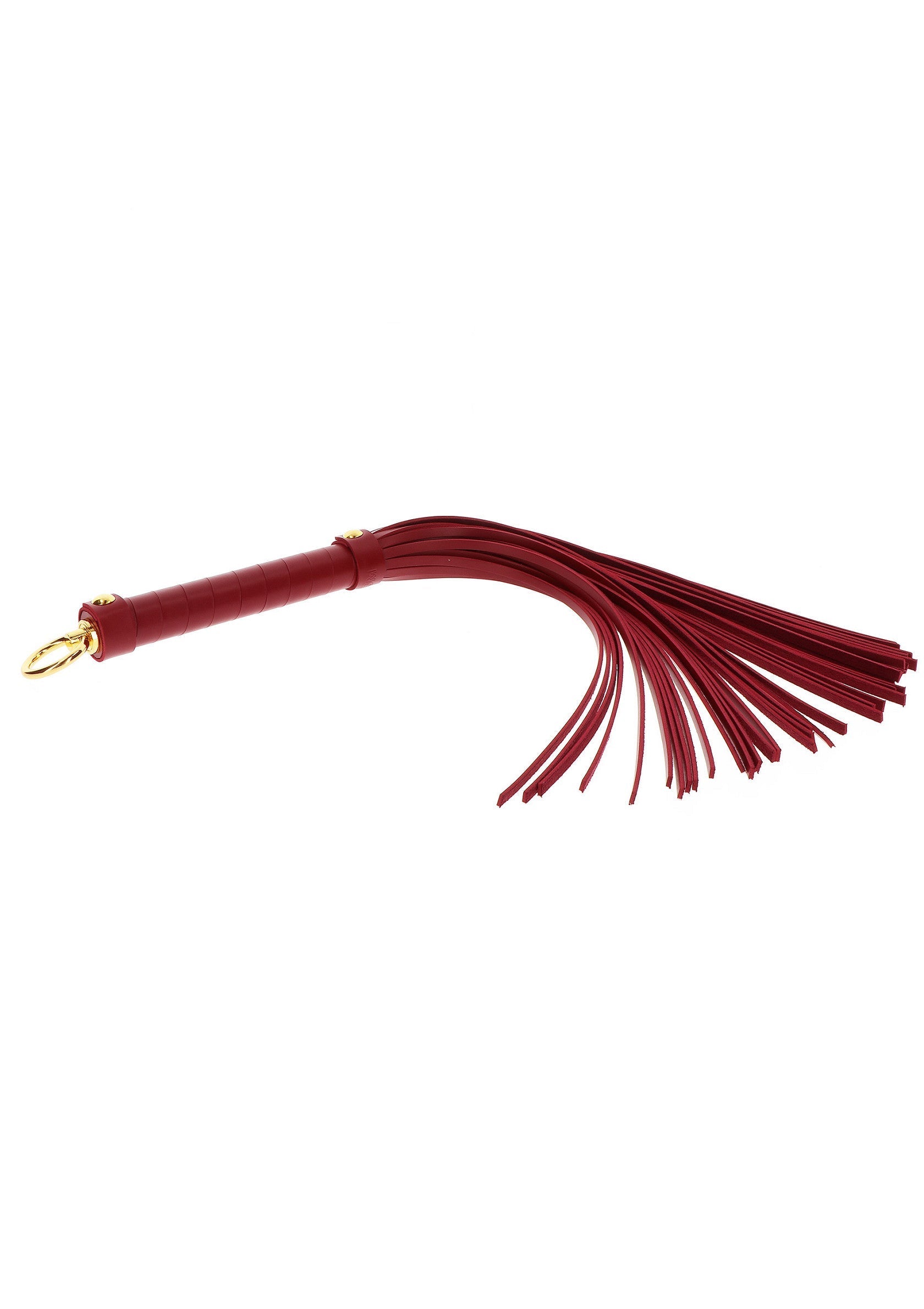 Cravache rouge en cuir pour adultes. Accessoire de jeu de rôle.; Rode leren zweep voor volwassenen. Rollenspel accessoire.; Red leather flogger for adults. Roleplay accessory.