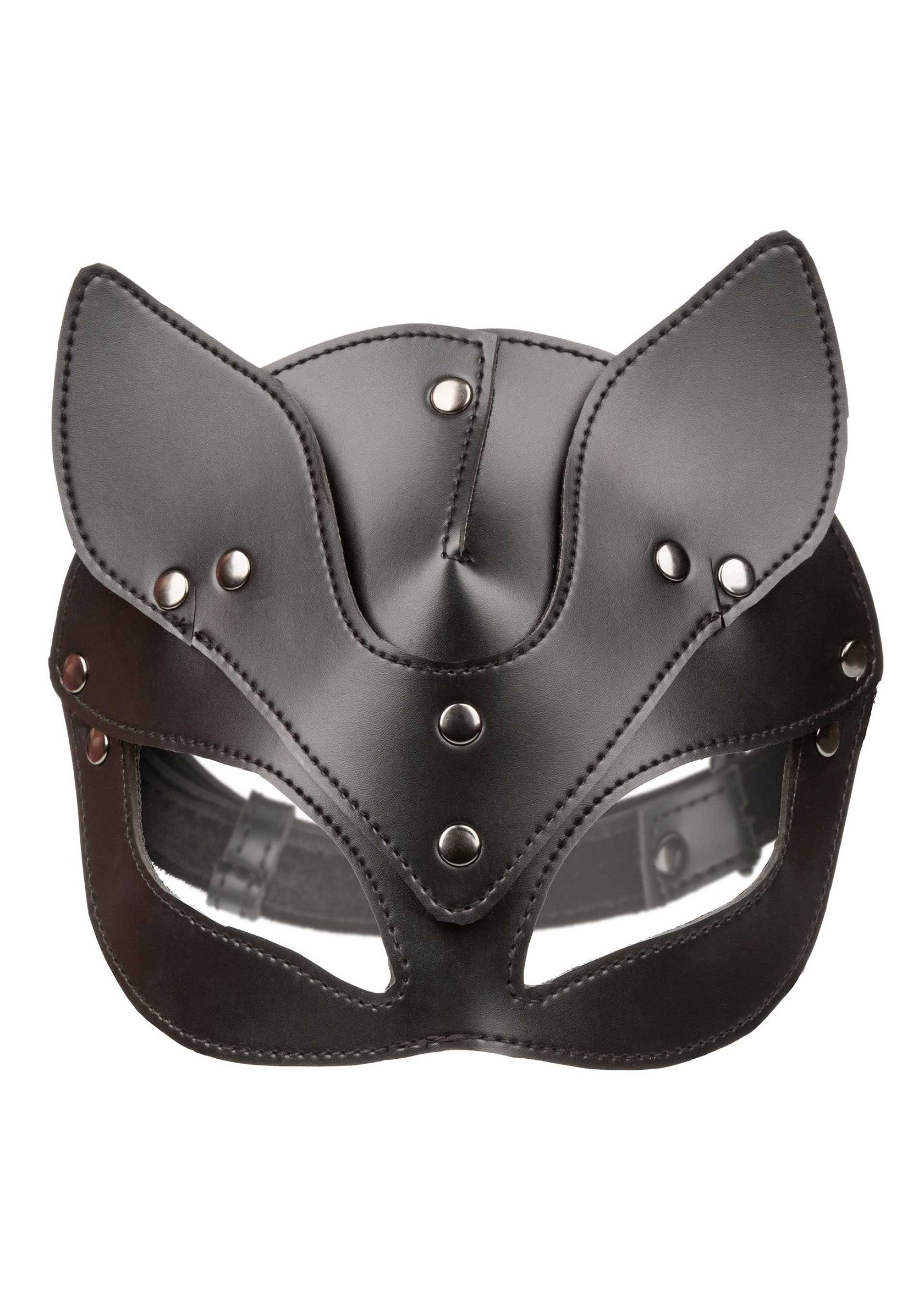 Masque de chat en cuir noir avec oreilles pointues et détails cloutés, accessoire mode et fantaisie.; Zwart leren kattenmasker met puntige oren en noppendetails, mode en fantasie accessoire.; Black leather cat mask with pointed ears and studded details, fashion and fantasy accessory.