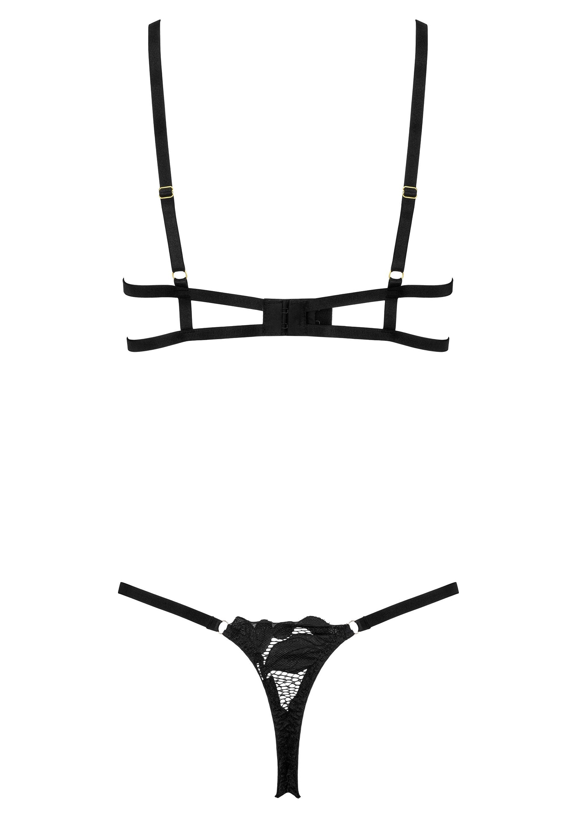 Ensemble de lingerie noire sexy avec soutien-gorge à armatures et string en dentelle.; Sexy zwarte lingerie set met beugelbeha en kanten string.; Sexy black lingerie set featuring a caged bra and lace thong.