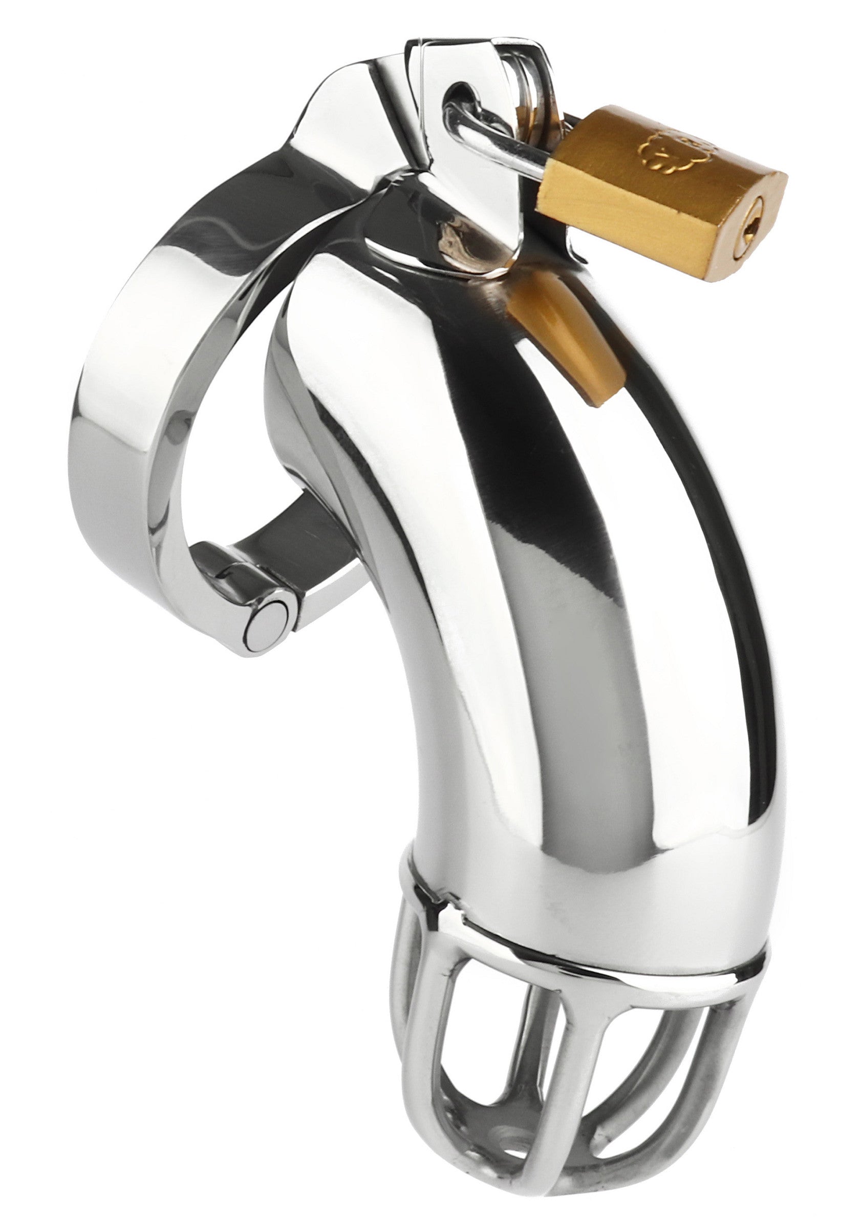 Cage de chasteté masculine en acier inoxydable avec cadenas. Pour le contrôle et la soumission.; Roestvrijstalen mannelijke kuisheidskooi met slot. Voor controle en onderwerping.; Stainless steel male chastity device with lock. For control and submission.