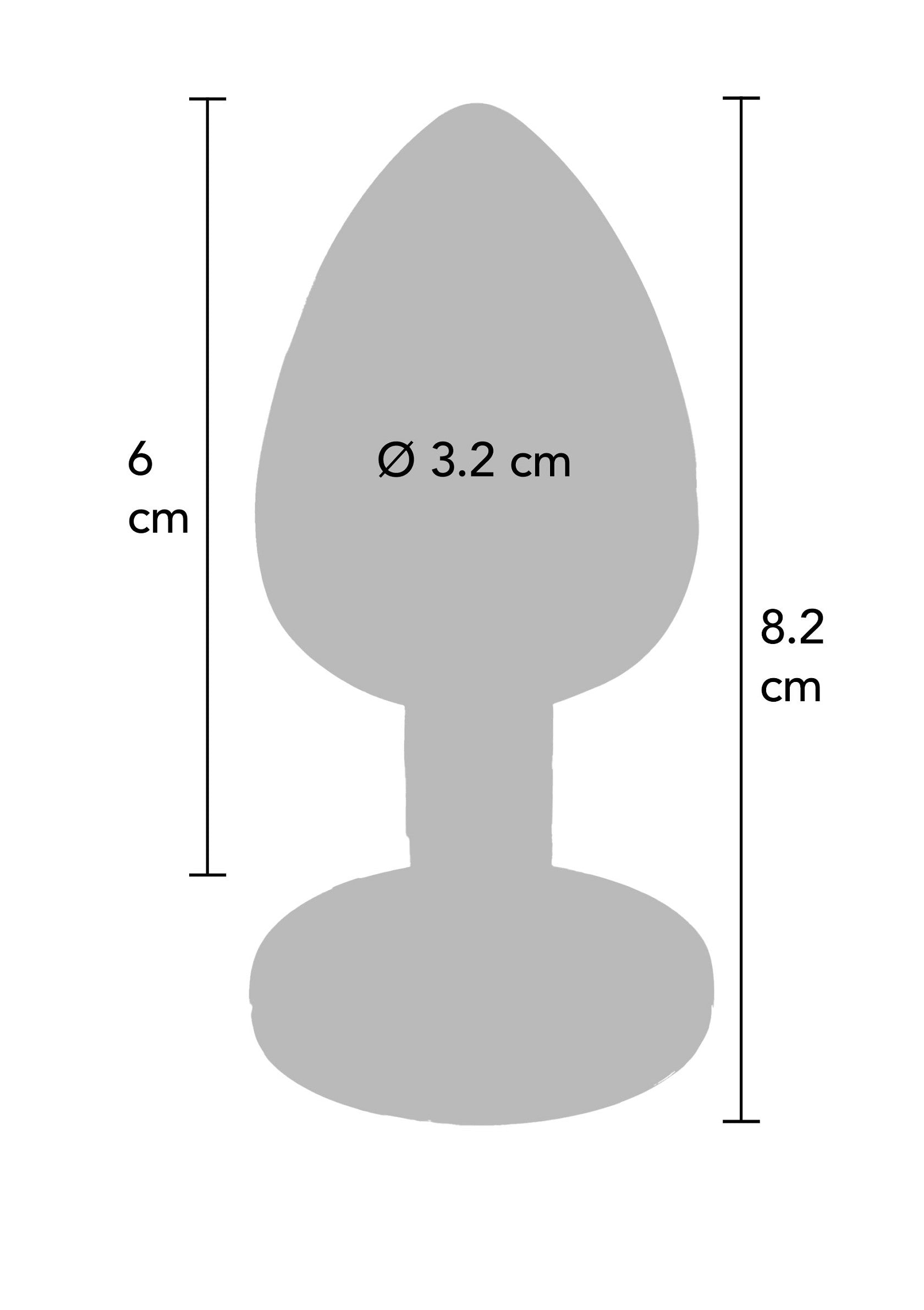 Diagramme de dimensions pour un plug anal, illustrant la taille et le diamètre.; Diagram met afmetingen van een anale plug, toont grootte en diameter.; Sizing diagram for an anal plug, shows size and diameter.