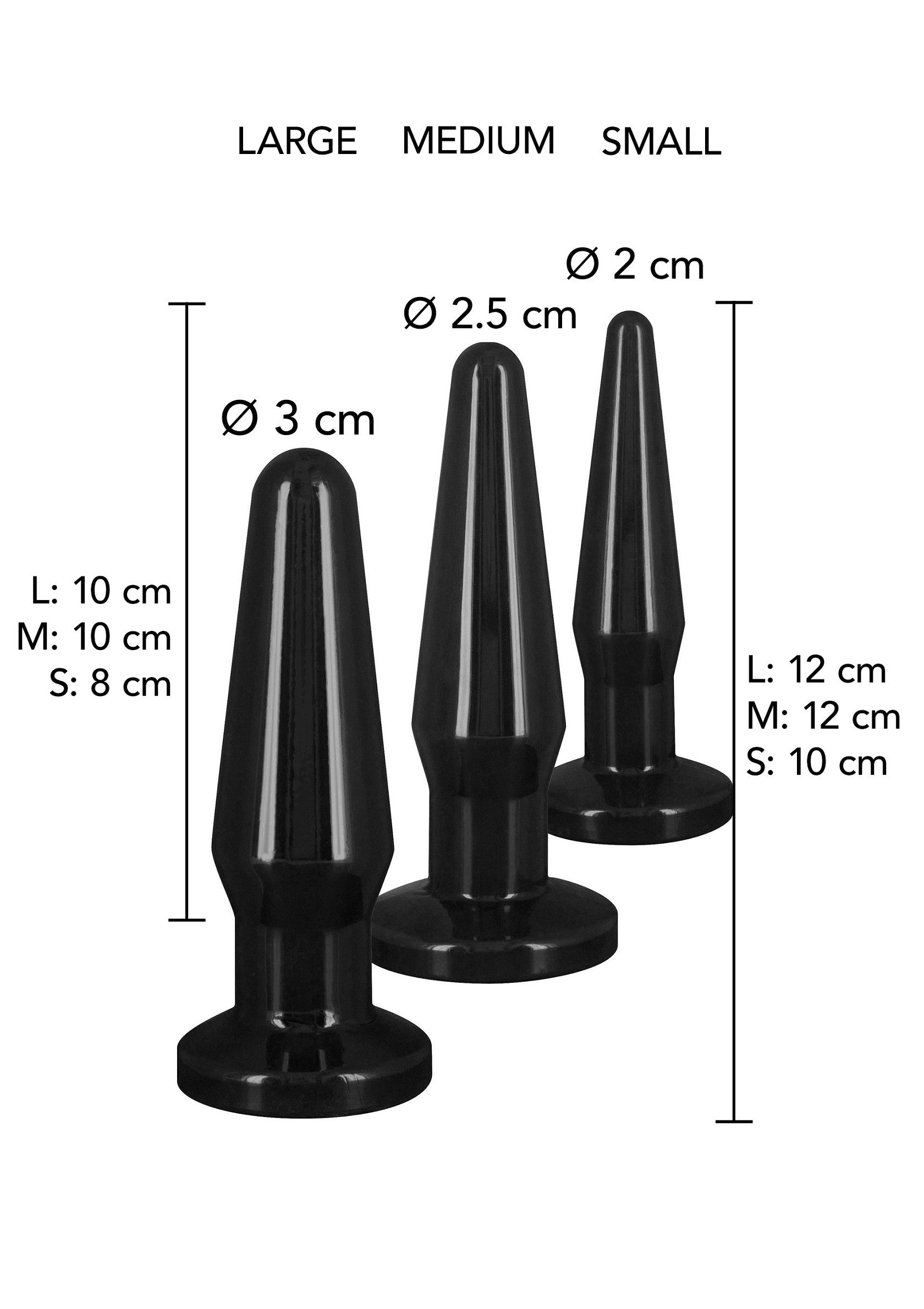 Différentes tailles de plugs anaux noirs. Grand, moyen et petit, avec des dimensions.; Verschillende maten zwarte anaalpluggen. Groot, medium en klein, met afmetingen.; Different sizes of black butt plugs. Large, medium and small, with dimensions.