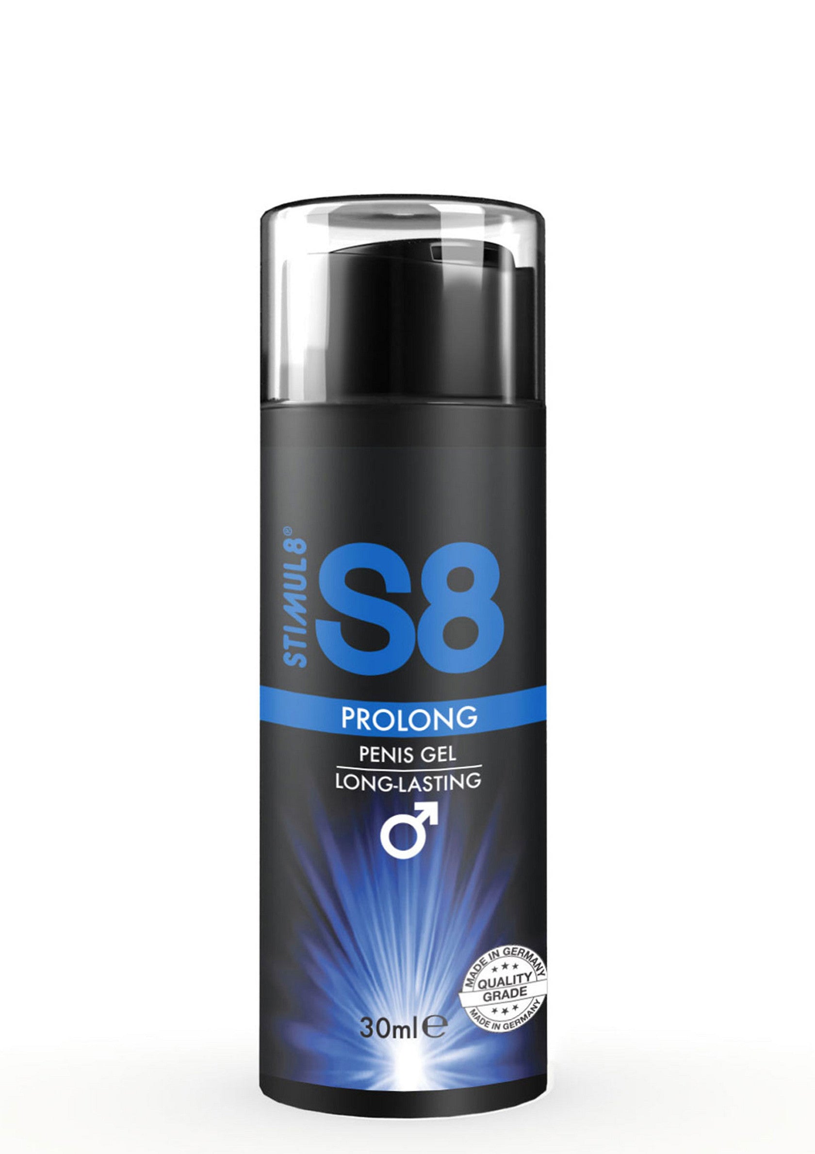 Gel pénien S8 Prolong. Gel longue durée pour hommes. Contenance : 30 ml.; S8 Prolong penisgel. Langdurige gel voor mannen. Inhoud: 30 ml.; S8 Prolong penis gel. Long-lasting gel for men. Size: 30 ml.