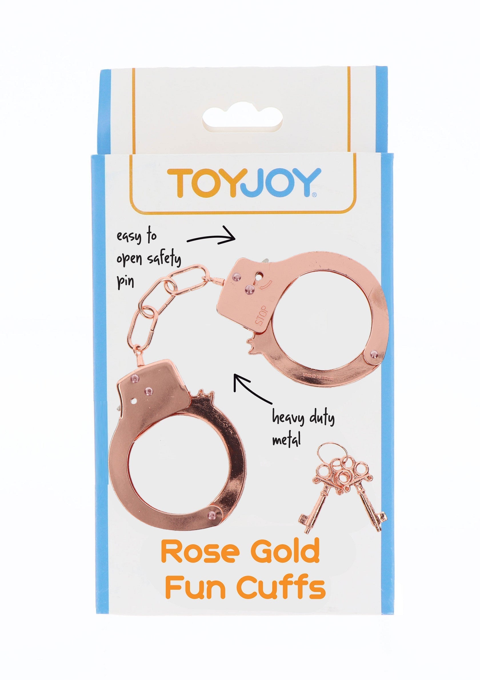 Menottes amusantes or rose ToyJoy. Accessoire de jeu de rôle en métal résistant avec clés et goupille de sécurité facile à ouvrir.; ToyJoy roségouden fun boeien. Rollenspelaccessoire van zwaar metaal met sleutels en gemakkelijk te openen veiligheidsspeld.; ToyJoy rose gold fun cuffs. Heavy duty metal roleplay accessory with keys and easy to open safety pin.