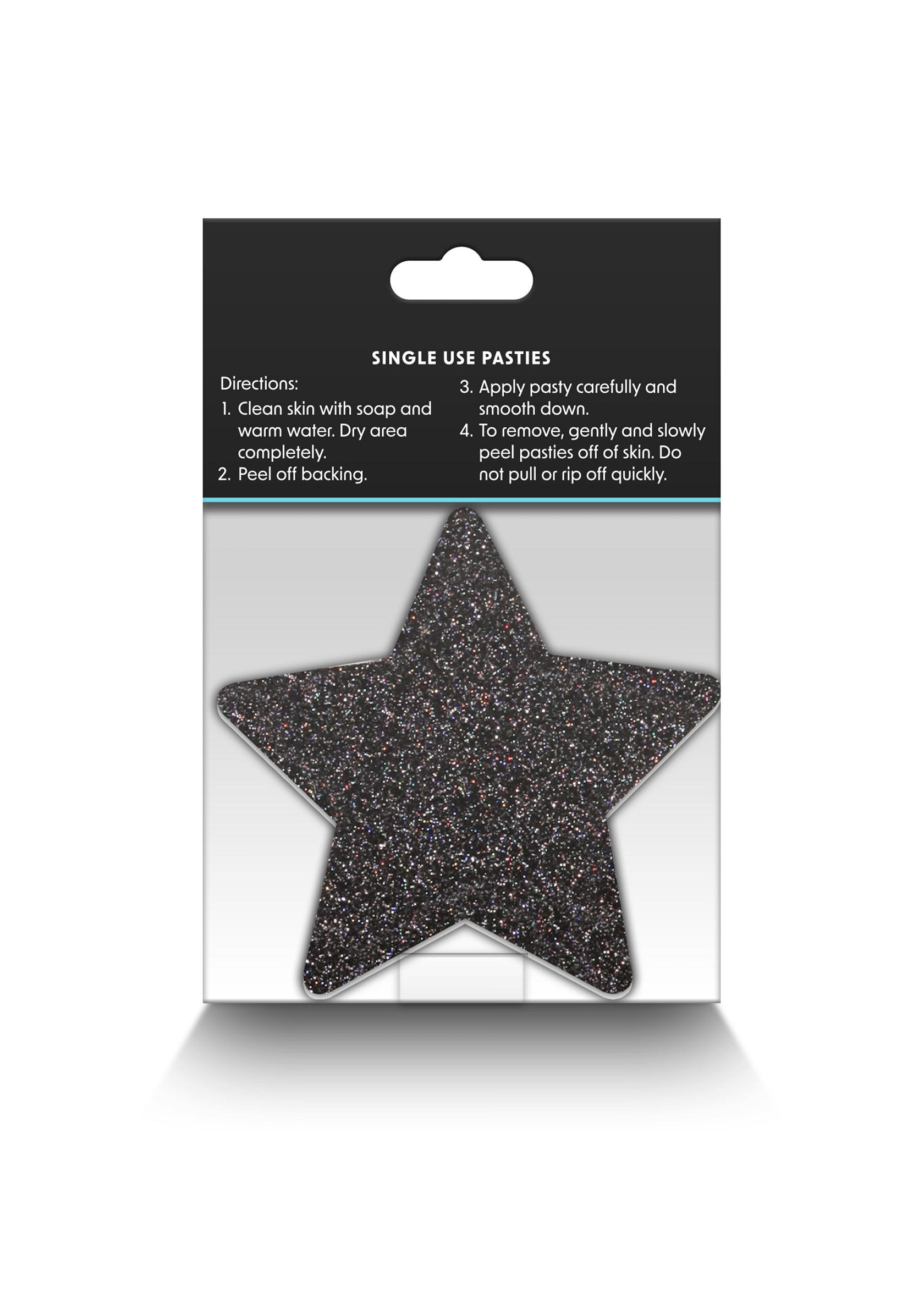 Paires de cache-tétons à paillettes en forme d'étoile à usage unique. Accessoire mode festif et confortable.; Glitter ster tepelbedekkers voor eenmalig gebruik. Een leuke en comfortabele accessoire voor een feestelijke gelegenheid.; Single-use star-shaped glitter nipple covers. Fun and comfortable accessory for a festive occasion.
