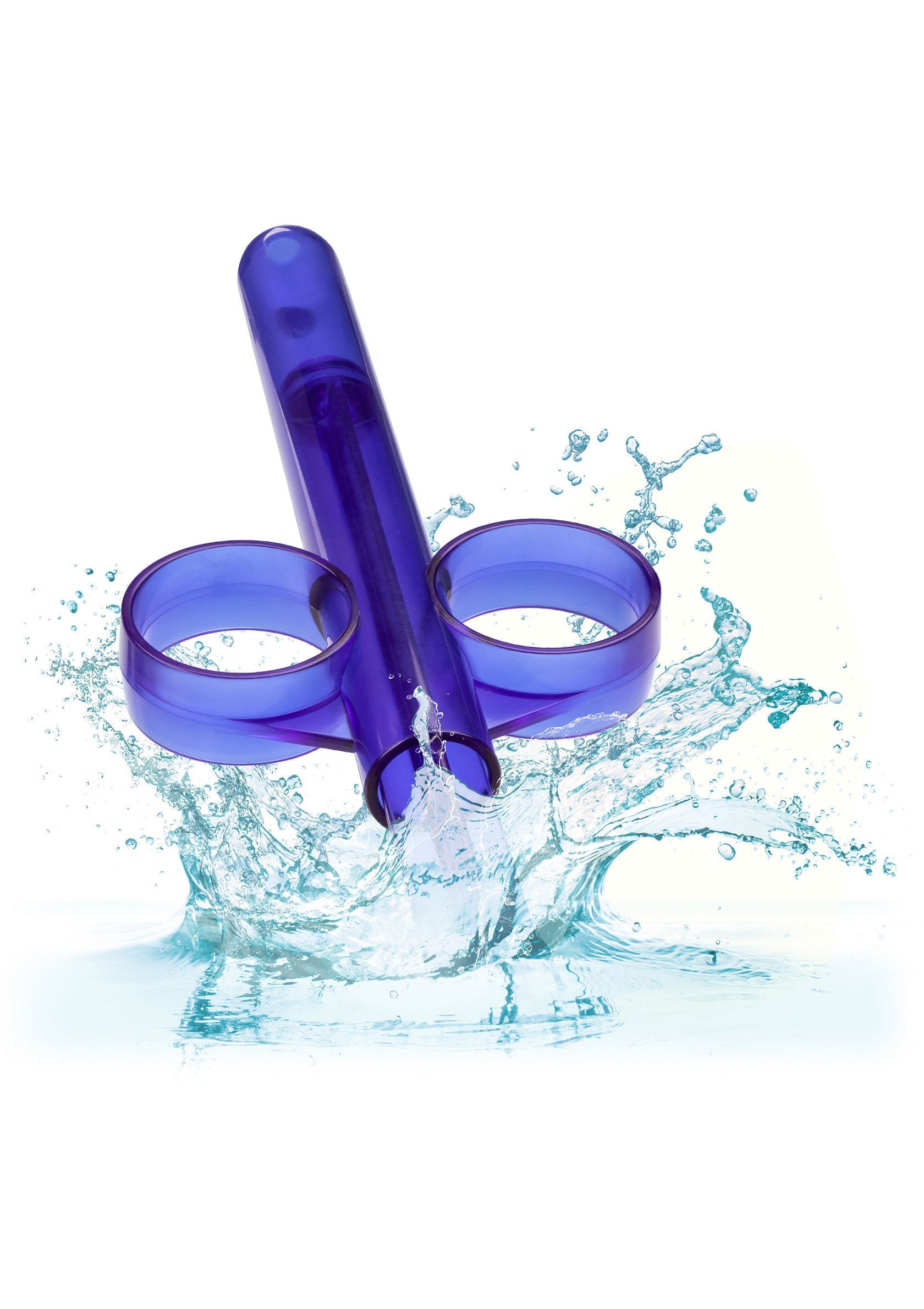 Jouet érotique transparent violet avec deux anneaux et un jet d'eau. Plaisir aquatique garanti !; Paars transparant erotisch speeltje met twee ringen en waterspetten. Gegarandeerd waterpret!; Purple transparent erotic toy with two rings and water splashing. Guaranteed aquatic fun!