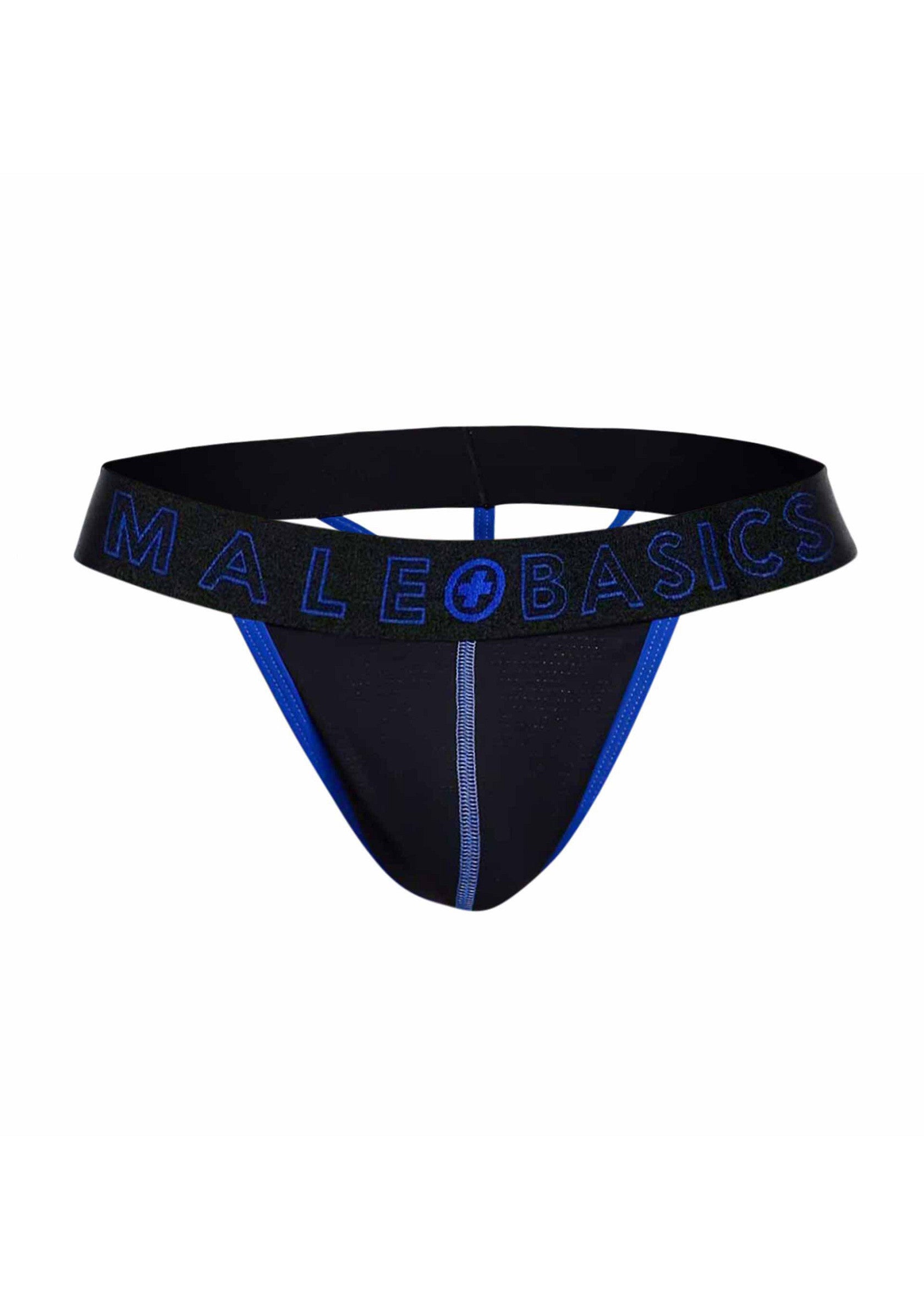Slip pour homme noir et bleu de Malebasics. Sous-vêtement masculin confortable et élégant.; Zwarte en blauwe herenstring van Malebasics. Comfortabel en stijlvol herenondergoed.; Black and blue men's jockstrap from Malebasics. Comfortable and stylish men's underwear.