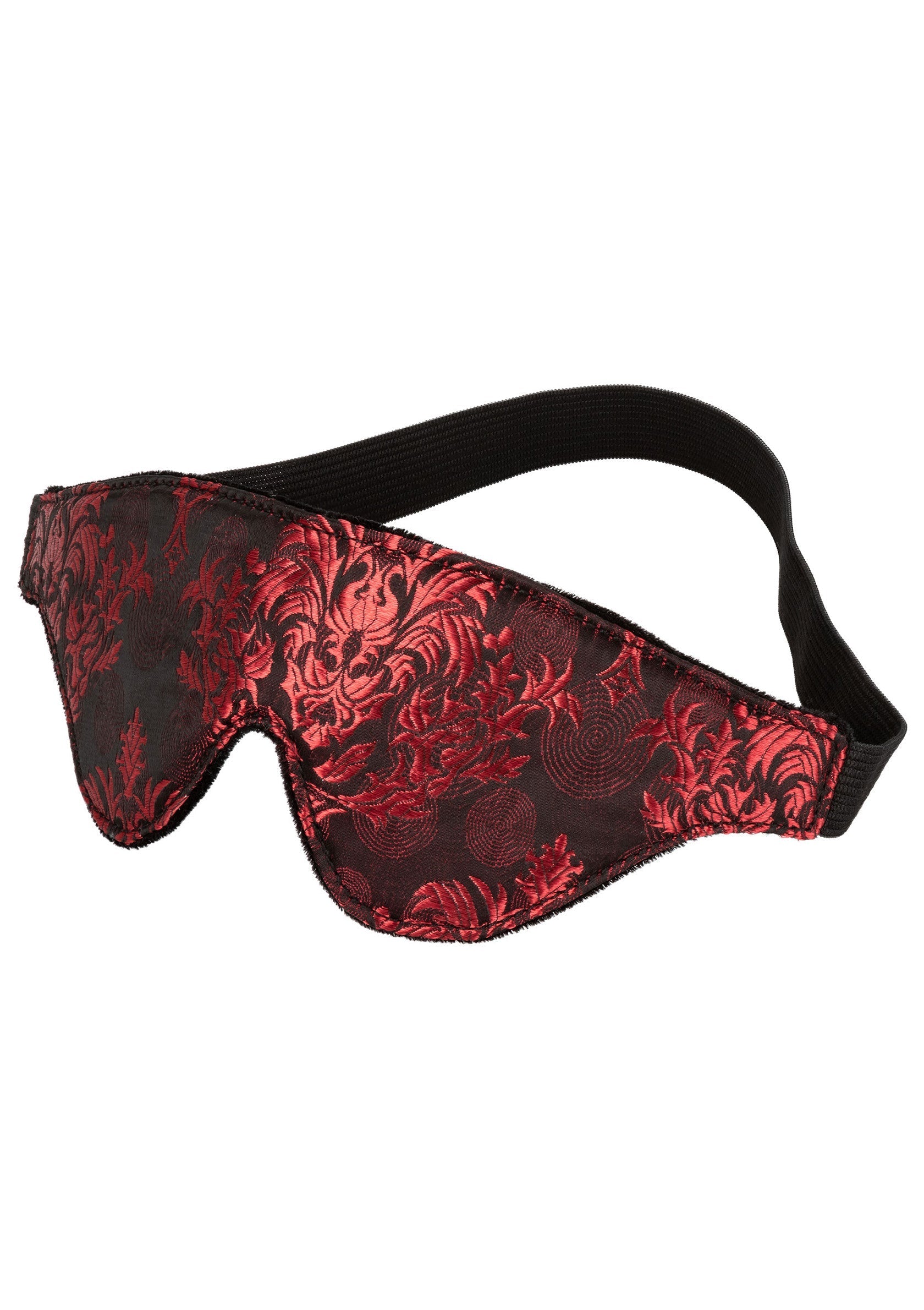 Masque de sommeil rouge et noir orné de motifs floraux pour un sommeil réparateur et élégant.; Rood en zwart slaapmasker met bloemmotief voor een rustgevende en stijlvolle nachtrust.; Red and black floral patterned sleep mask for a restful and stylish night's sleep.