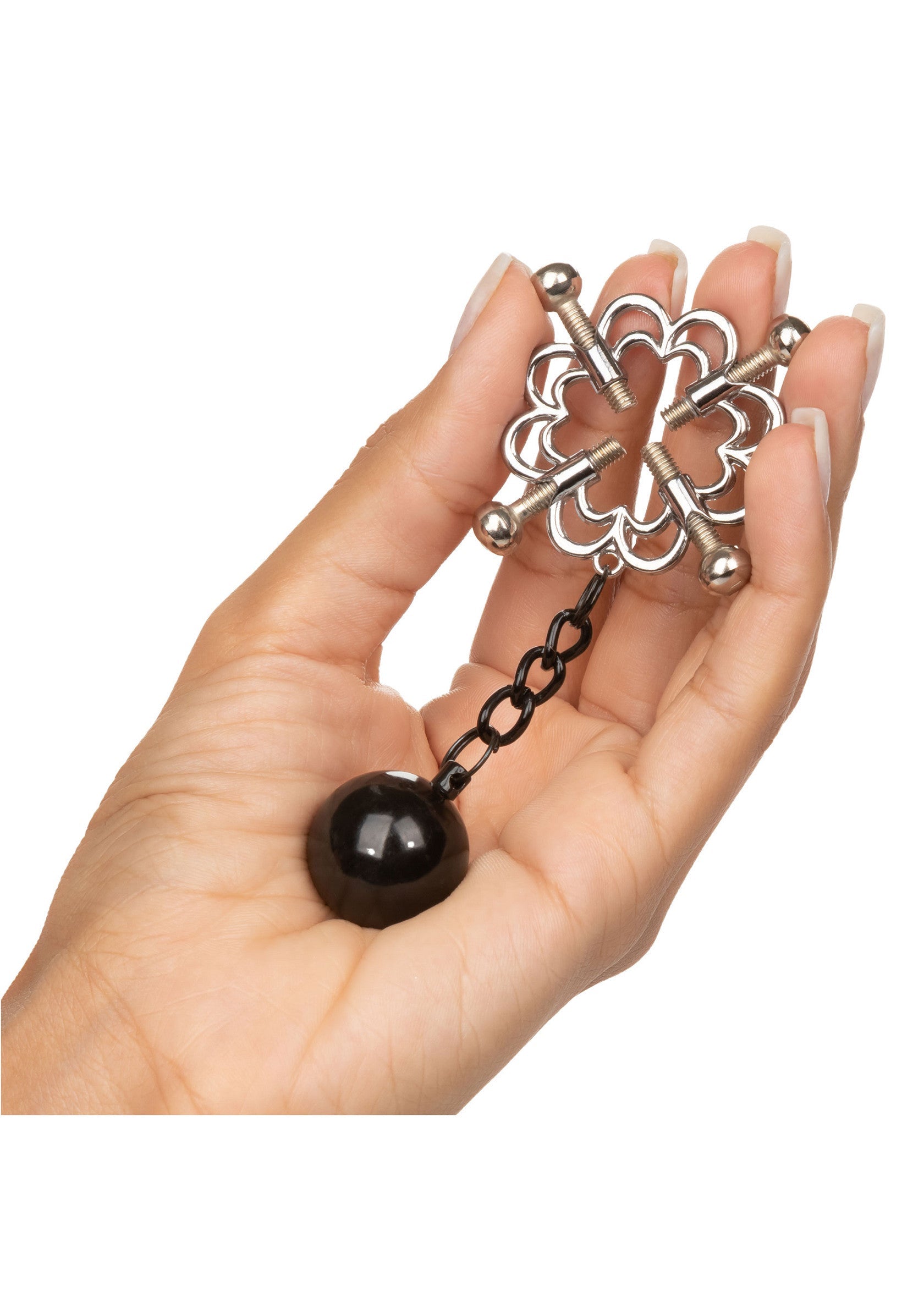 Pinces à tétons décoratives avec poids pour pimenter votre vie amoureuse.; Decoratieve tepelklemmen met gewicht om je liefdesleven op te fleuren.; Decorative nipple clamps with weight to spice up your love life.