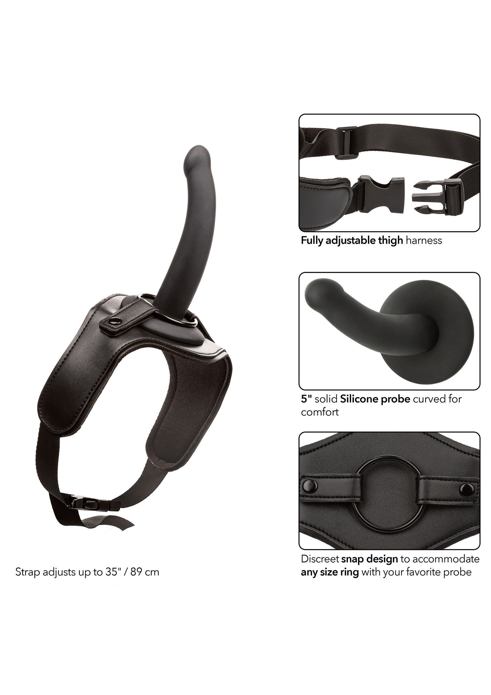 Harnais réglable avec sonde en silicone courbée pour le confort. Conception discrète et adaptable.; Verstelbaar harnas met gebogen siliconen probe voor comfort. Discreet en aanpasbaar ontwerp.; Adjustable harness with curved silicone probe for comfort. Discreet and adaptable design.