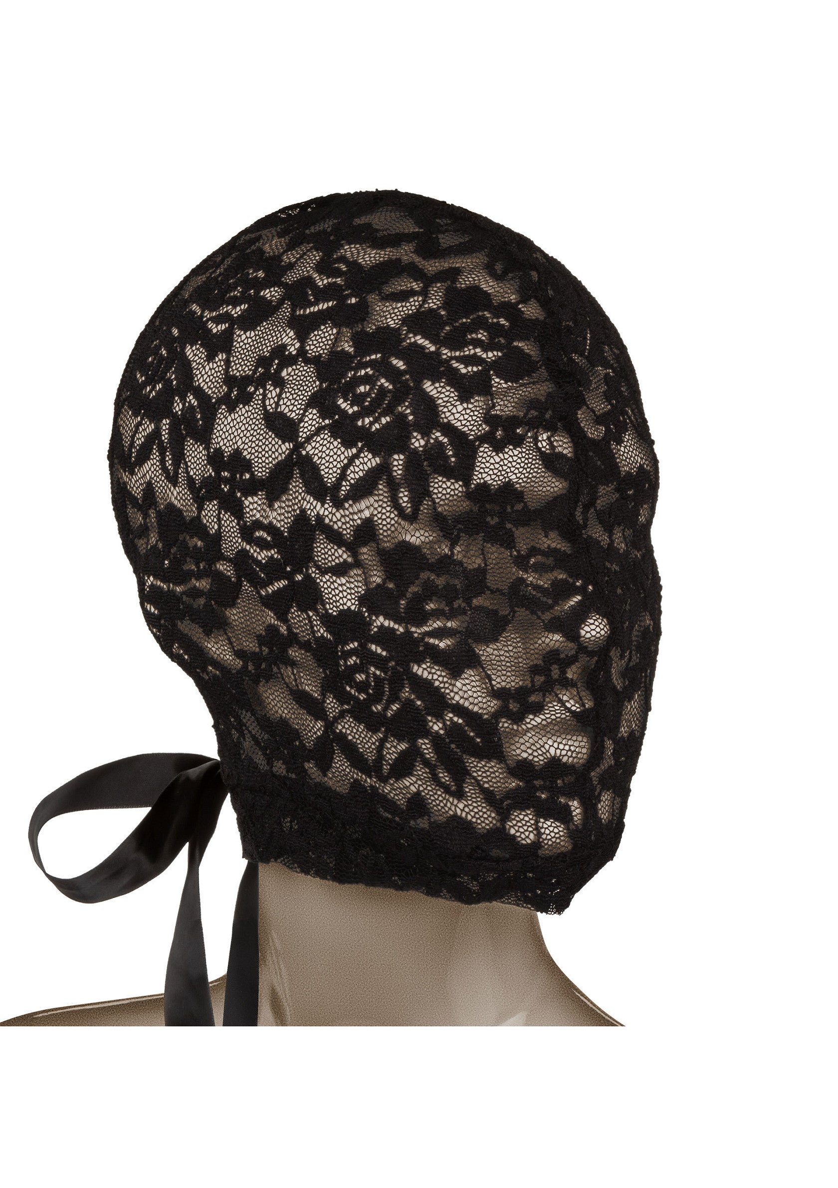 Cagoule en dentelle noire avec ruban. Accessoire de mode élégant et mystérieux.; Zwarte kanten bivakmuts met lint. Stijlvol en mysterieus modeaccessoire.; Black lace balaclava with ribbon. Stylish and mysterious fashion accessory.