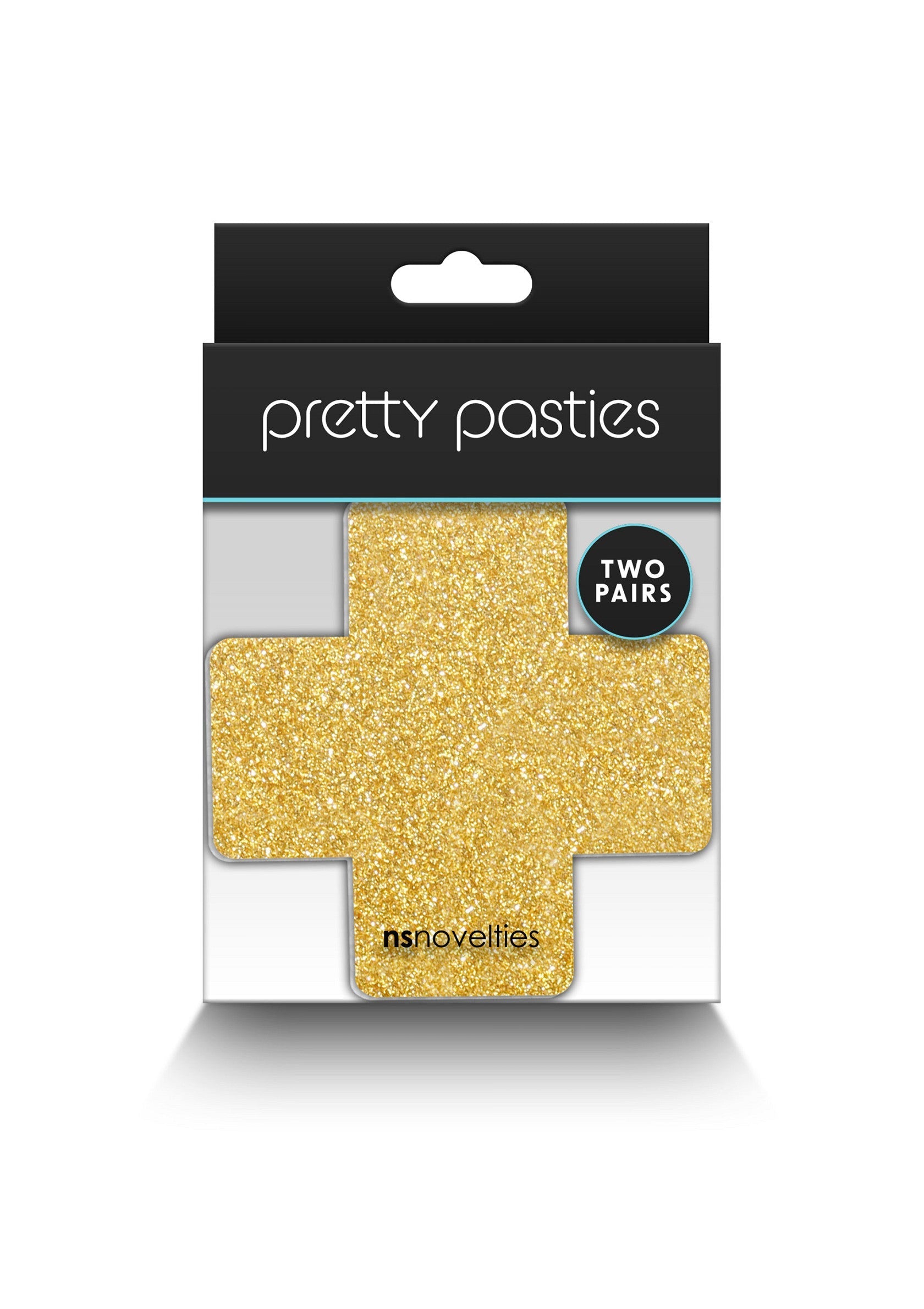 Cache-tétons Pretty Pasties dorés en forme de croix scintillante. Accessoire de mode audacieux et festif.; Gouden glitter kruisvormige Pretty Pasties tepelbedekkers. Een gedurfd en feestelijk modeaccessoire.; Gold glitter cross-shaped Pretty Pasties nipple covers. A daring and festive fashion accessory.