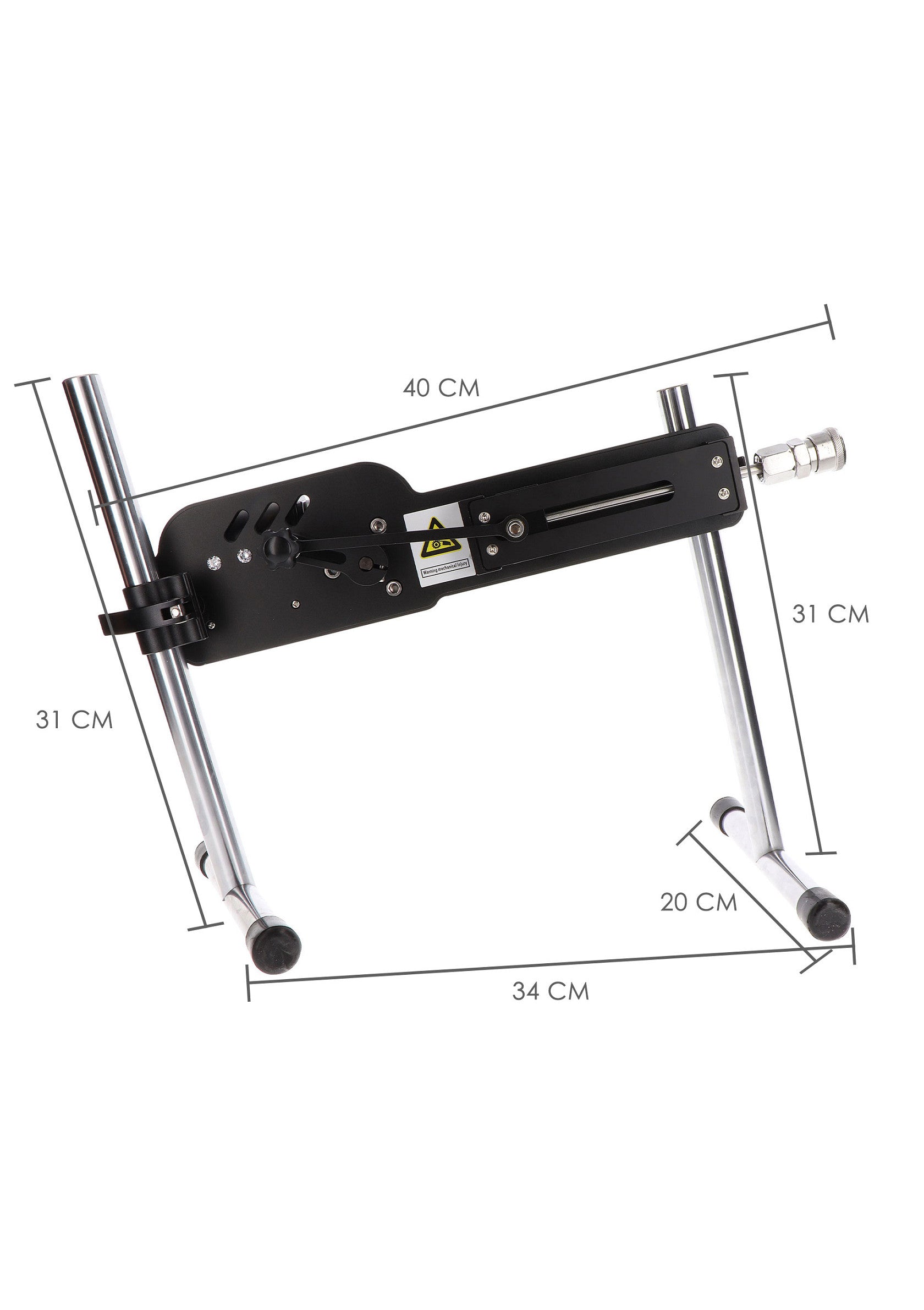 Machine sexuelle réglable avec dimensions indiquées pour un usage personnel.; Verstelbare seksmachine met afmetingen aangegeven voor persoonlijk gebruik.; Adjustable sex machine with dimensions shown for personal use.