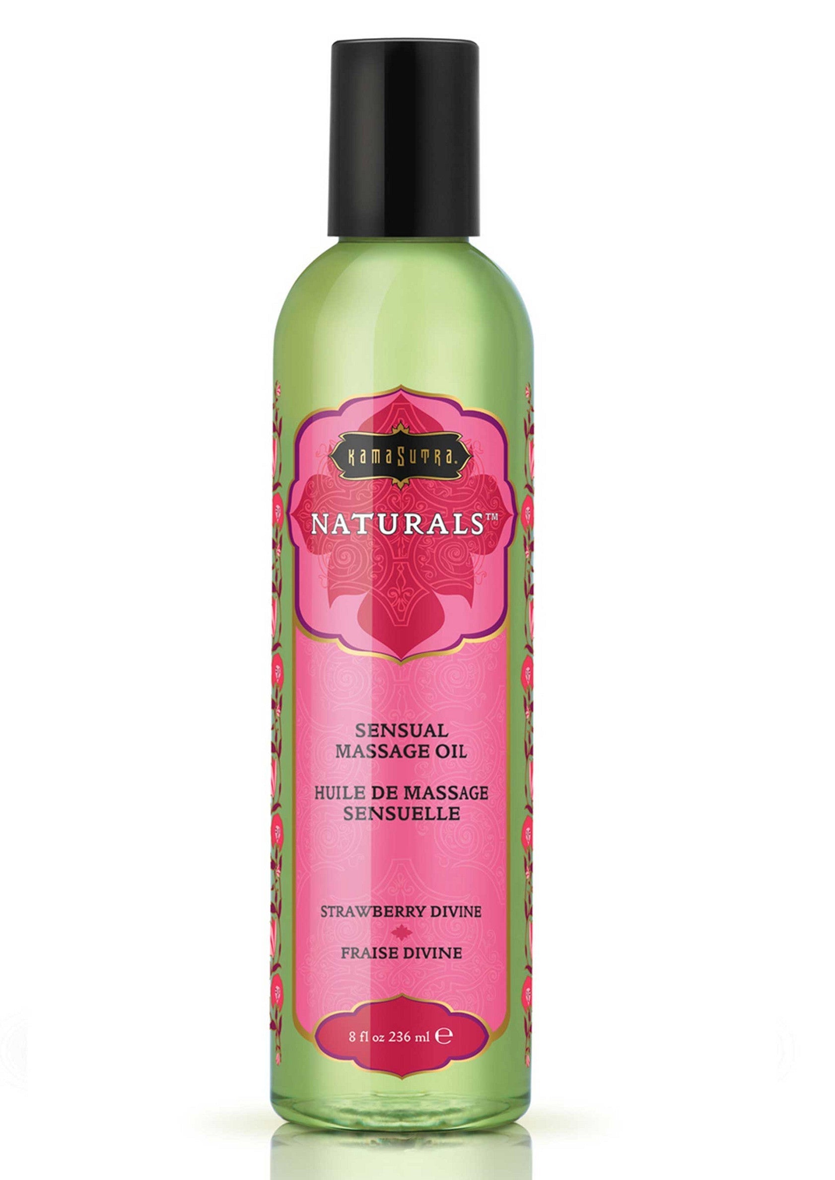 Huile de massage sensuelle à la fraise divine Kama Sutra Naturals. Détente et plaisir garanti!; Kama Sutra Naturals sensuele massageolie met aardbei. Gegarandeerde ontspanning en genot!; Kama Sutra Naturals sensual massage oil with strawberry. Relaxation and pleasure guaranteed!